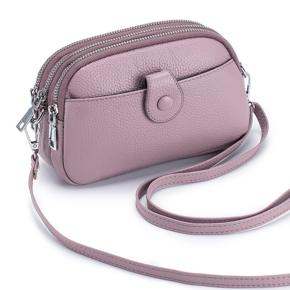 Bolso bandolera pequeño de piel auténtica para mujer, 3 compartimentos con cremallera, 1 bolsillo frontal