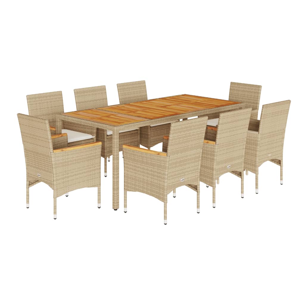 vidaXL Set de comedor jardín 9 pzas con cojines ratán PE acacia beige