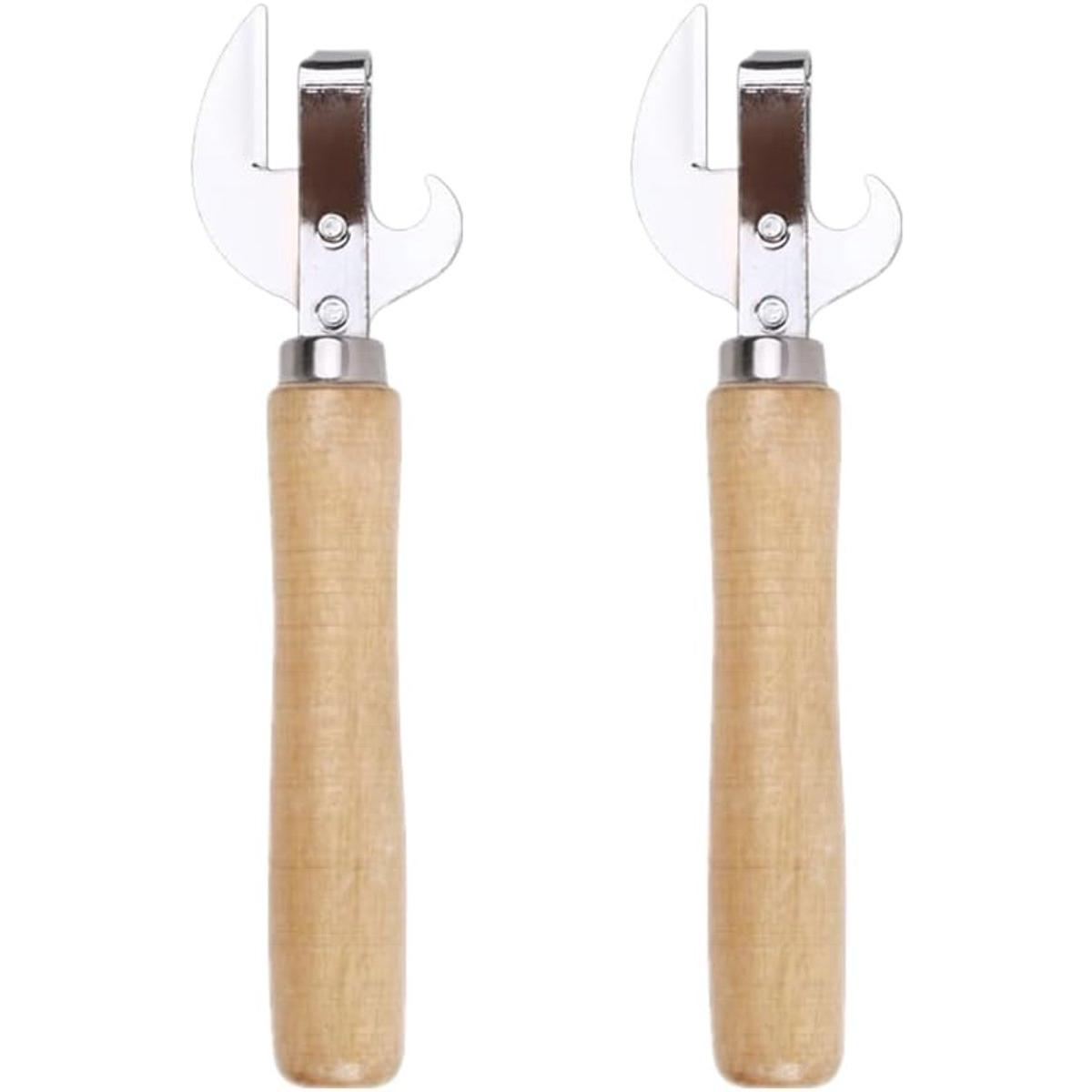 Abrelatas de 2 piezas, abrelatas retro, abrelatas manual con mango de madera, abrebotellas manual con corte lateral, abrelatas tradicional de acero inoxidable con punta.