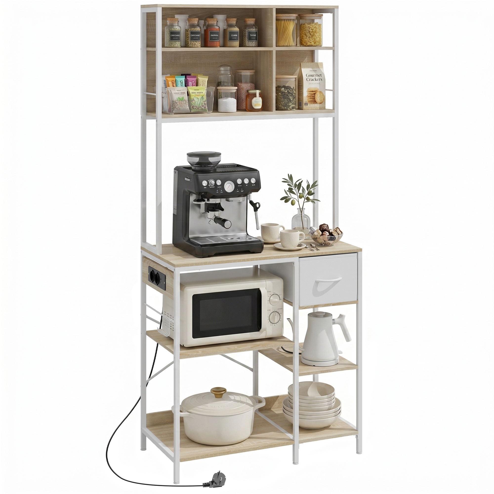HOMCOM Estantería de Cocina con Enchufes y Puertos USB, Mueble Auxiliar de Cocina, Soporte de Microondas, 8 Estantes, 6 Ganchos, Cajón de Tela, para Espacios Reducidos, 80x40x181 cm, Roble