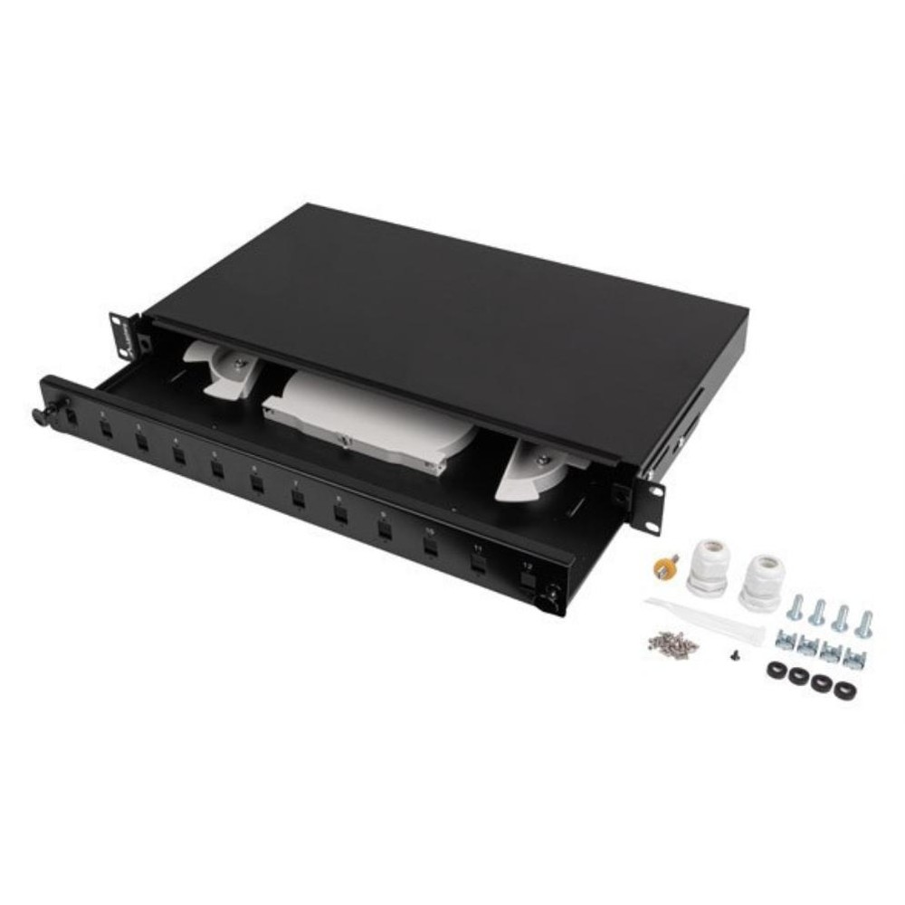 Lanberg - Panel de parcheo 1U FOP1-12SS-LDB de acero para montaje en bastidor, negro, ancho 482.6 mm, altura 44.5 mm, profundidad 242 mm, ideal para infraestructuras NAS y centros de datos