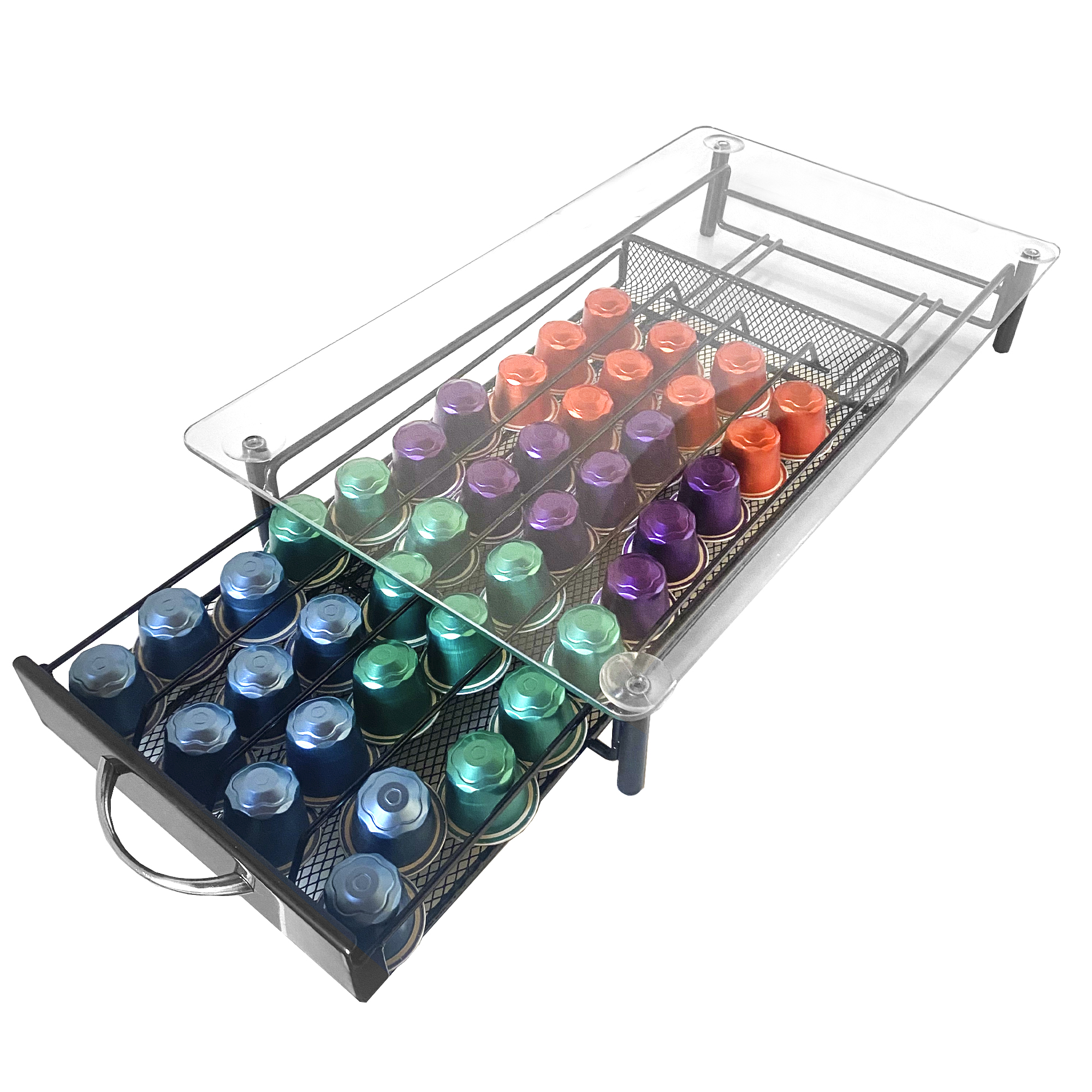Soporte Organizador Cápsulas Nespresso Nyana Home  Capacidad 40 Cápsulas  Compatibilidad Nespresso  Cubierta de Cristal  Soporte Metálico  Asa de Estracción