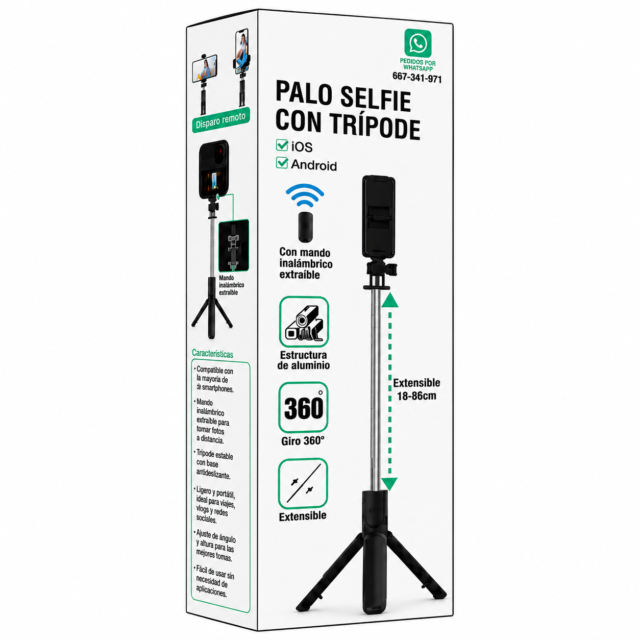 Palo Selfie con Trípode Extensible 360° para iPhone y Android – Mando Bluetooth Extraíble, Soporte Universal para Móvil y Cámara Deportiva, Aleación de Aluminio, Compacto y Portátil 18-68 cm
