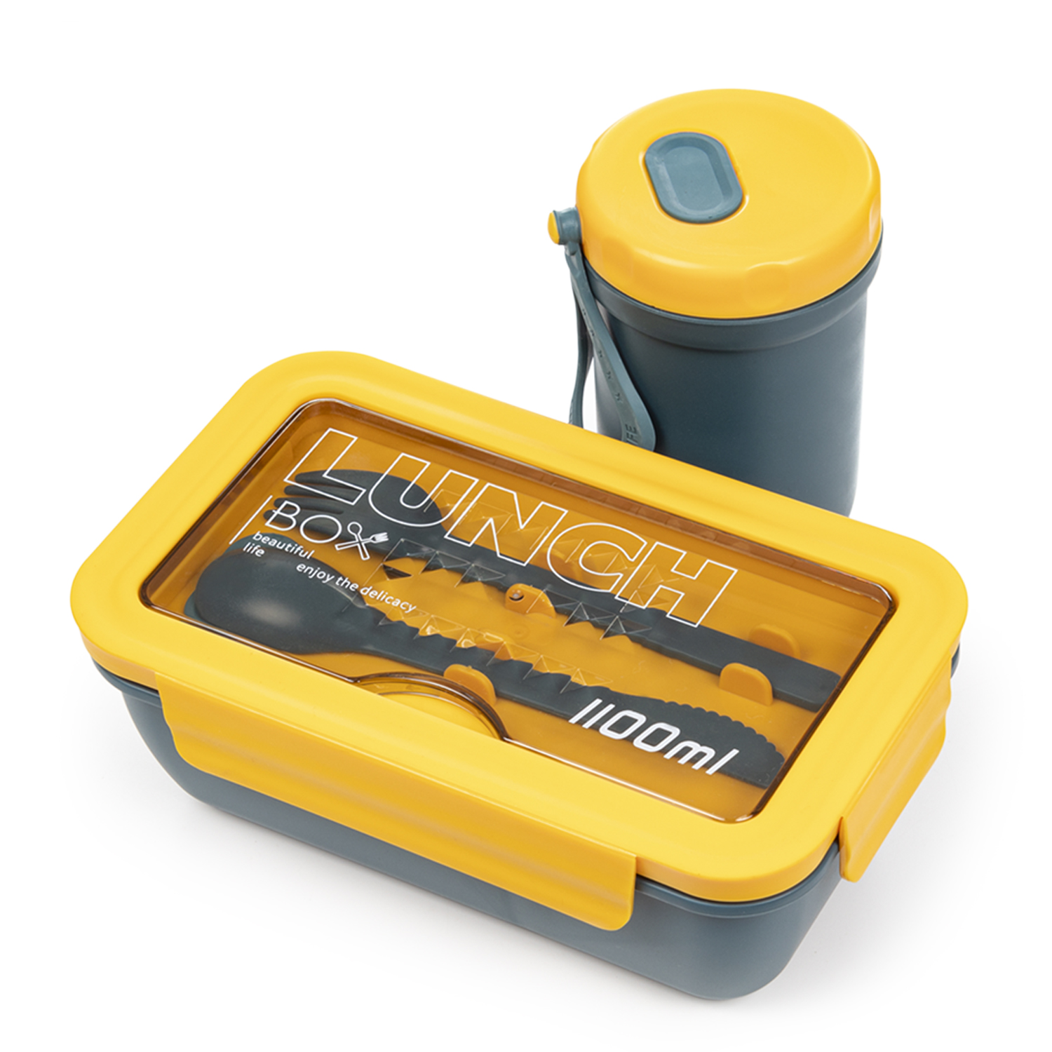 DAM. Fiambrera hermética para guardar alimentos, de 1100ml. Incluye vaso térmico y cubiertos. Apto para microondas. 20,3x12,3x7,3 cm.