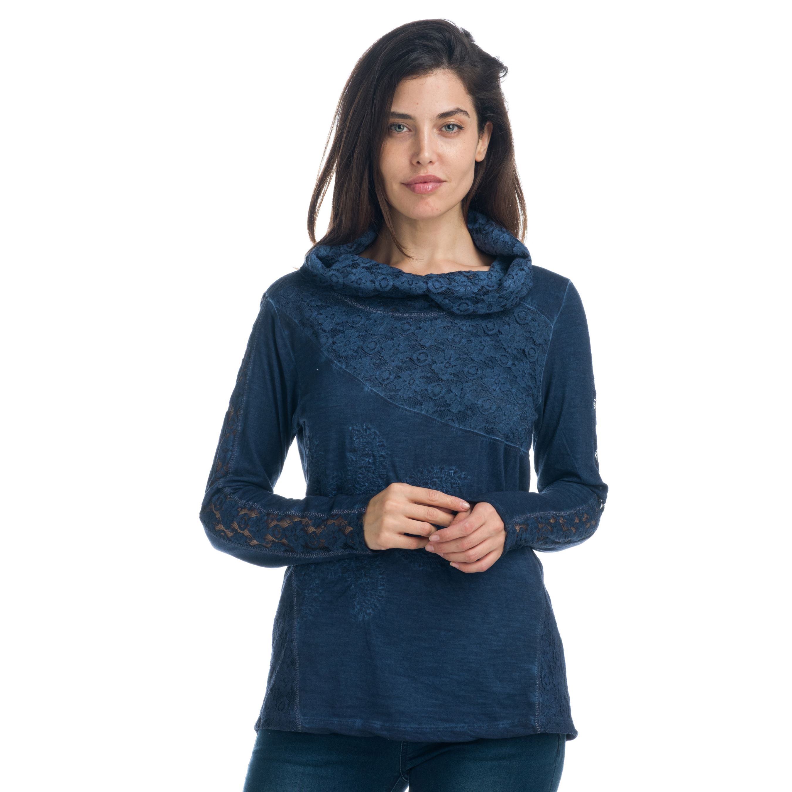Koroshi - Camiseta manga larga mujer con encaje y bordados en relieve, cuello vuelto, 97% algodón 3% nailón, estilo bohemio para entretiempo