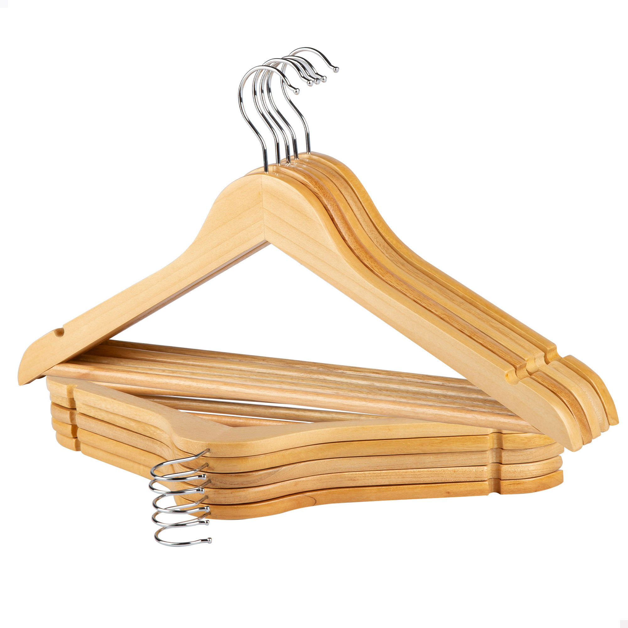 Max Home - Pack perchas de madera, alta calidad A, color natural, ganchos giratorios 360º de acero, con muescas para vestidos, barra inferior, 44,5x23 cm, perchas para pantalones, camisas, blusas, trajes, percha armario