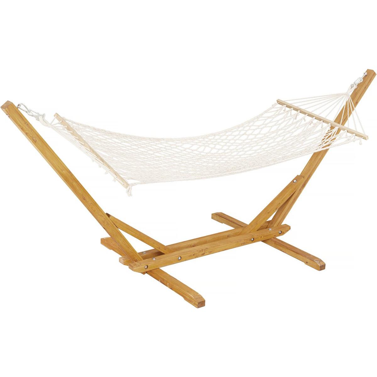 Habitat y Jardin - Hamaca de madera con tela de macramé <<Dallas>> - 305 x 120 x 123 cm - Blanca