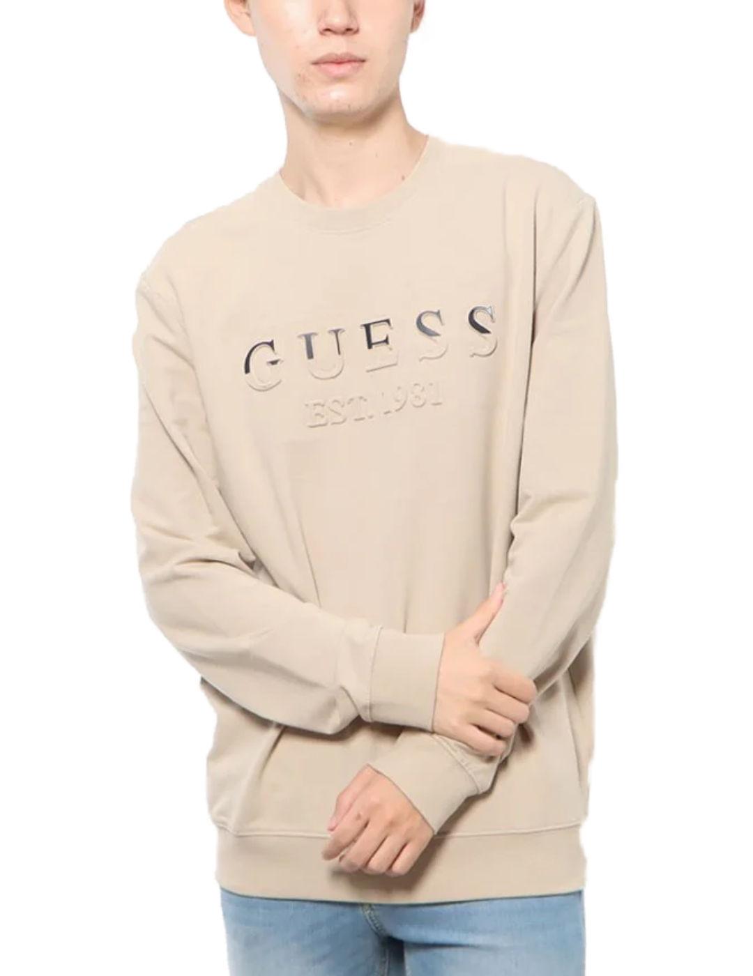 Sudadera Guess Beau Beige Hombre con Logo en Relieve