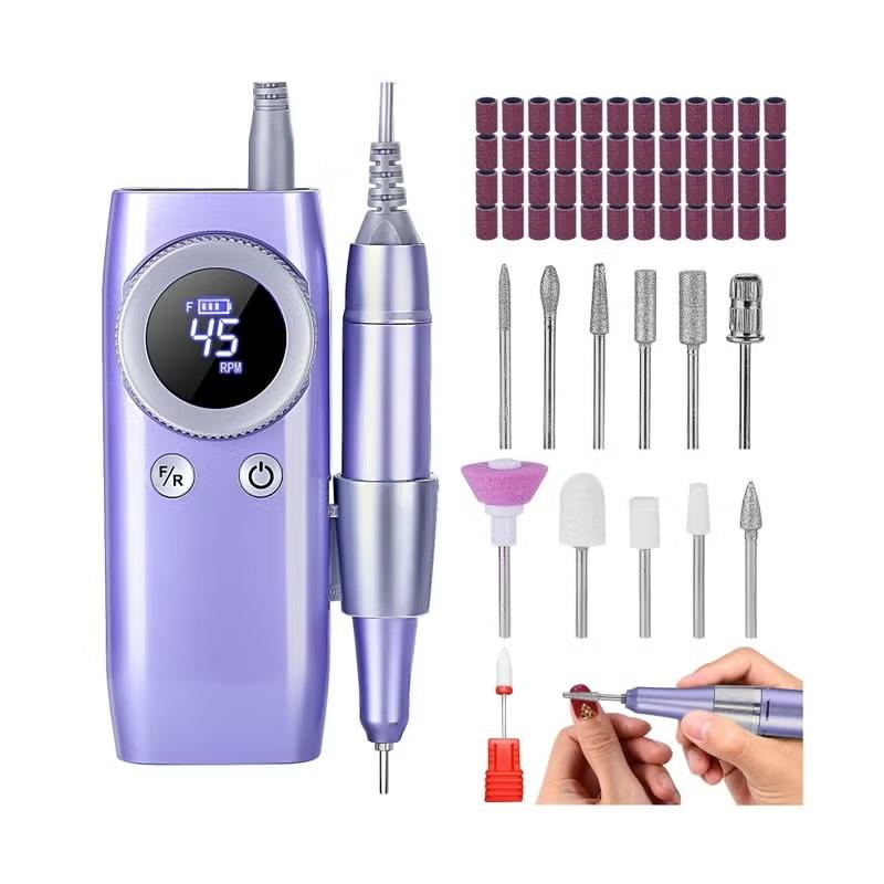 Torno para Uñas Profesional, 45000RPM Portatil Recargable Inalambrico con 12 cabezales de pulido y 48 cintas abrasivas y Pantalla LCD, para Manicura y Pedicura, para Gel o Acrilicas