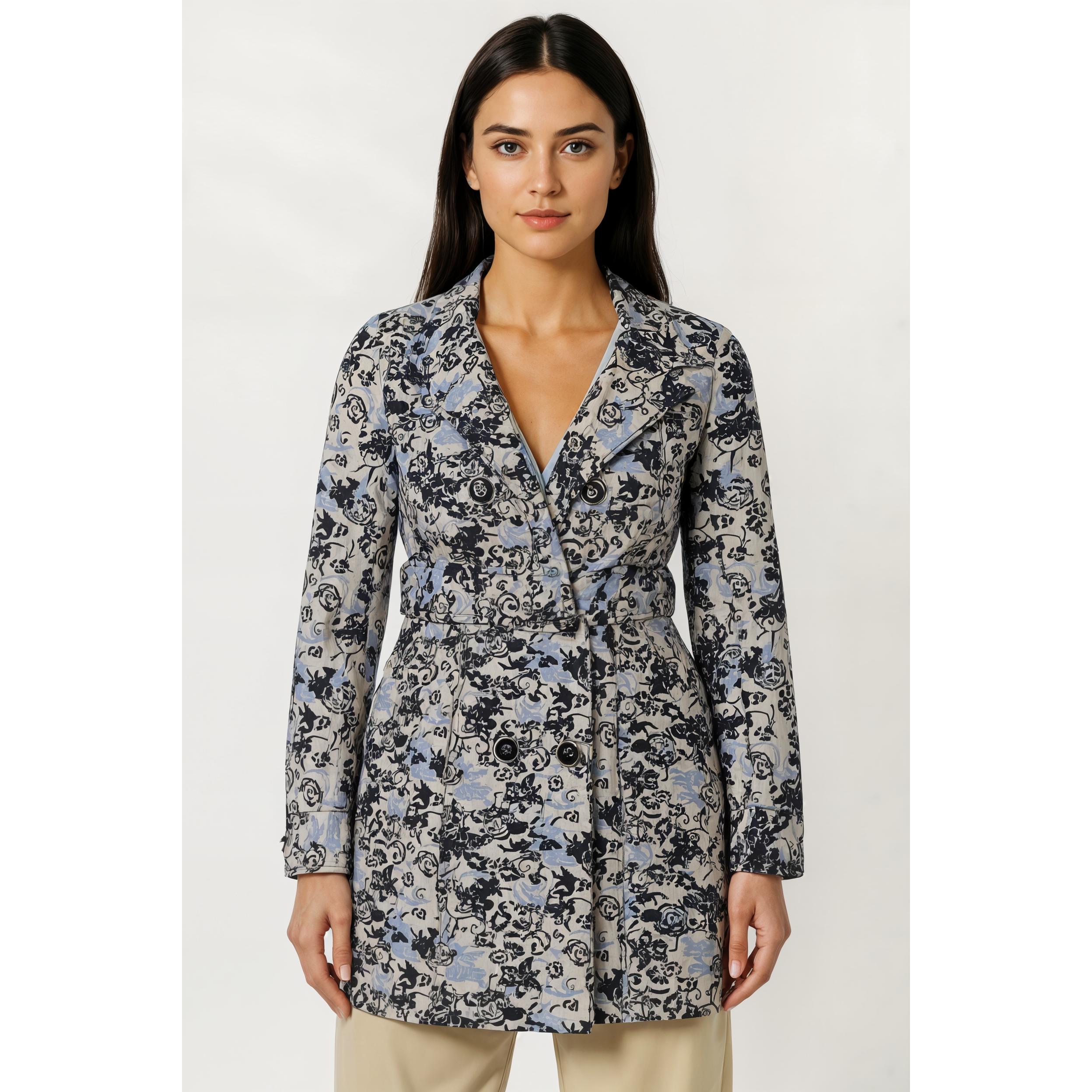 Gabardina mujer impermeable trench coat textura floral, manga larga, solapa clásica, cierre botones, cinturón extraíble, bolsillos, estilo elegante casual, talla 36, color azul, cómoda versátil exterior ✅Entrega 24/48h