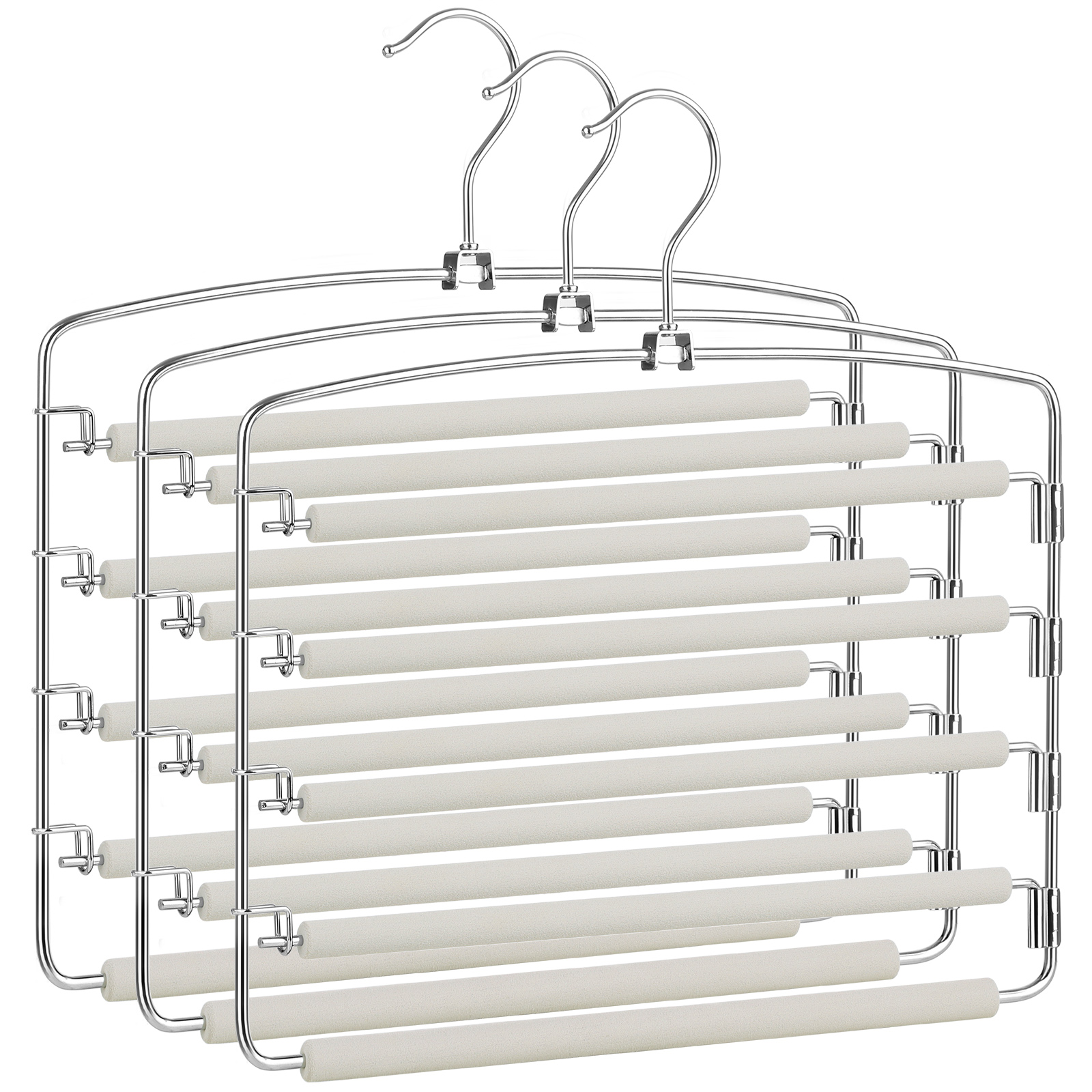 SONGMICS Perchas para Pantalones,Juego de 3, Metal,Multi-Barras,Ahorran Espacio,Estable con Acolchado Antideslizante, Barras de Columpio,para 5 Vaqueros Cada Una,Traje, Bufandas, Corbatas,Negro y Plata/Gris y Plata