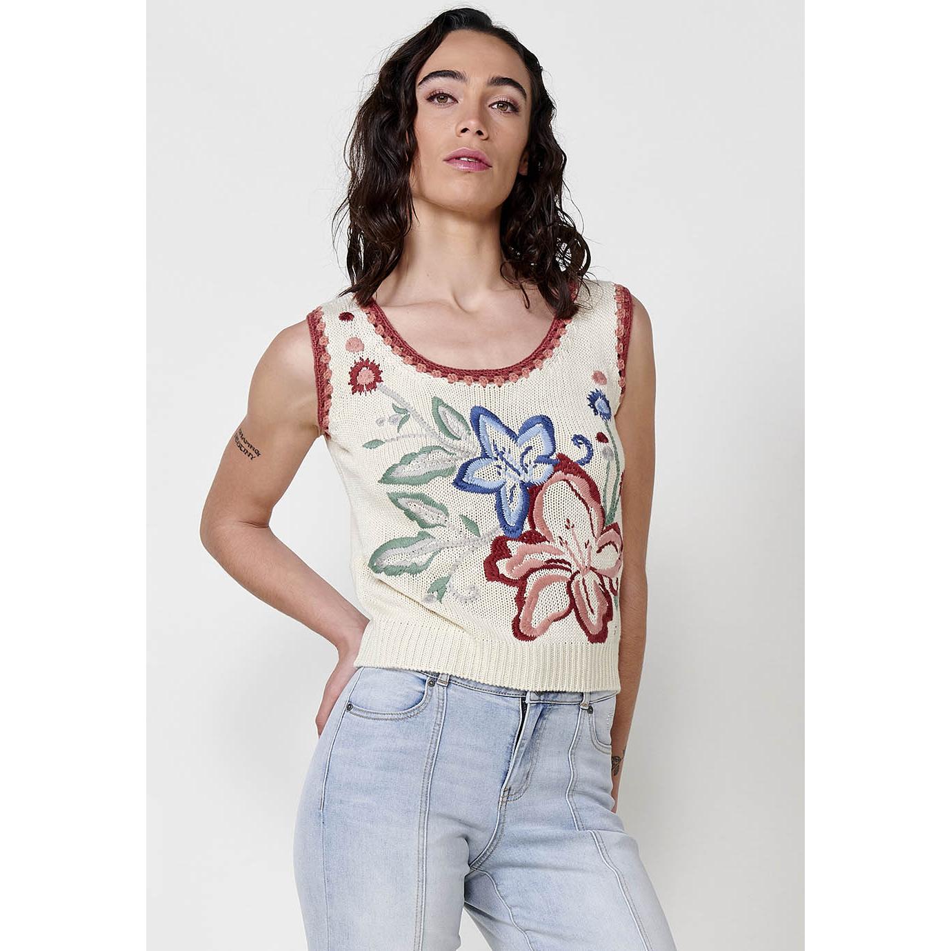 Koroshi - Top de tirantes de punto con detalle floral para mujer, 100% acrílico, crudo, estilo casual y elegante