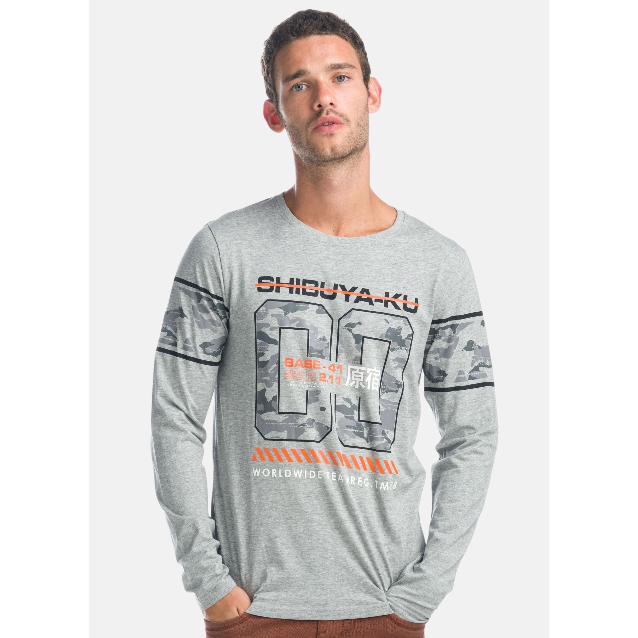 Koroshi - Camiseta manga larga hombre estampado camuflaje con texto y número frontal, mezcla algodón y viscosa suave, corte recto regular