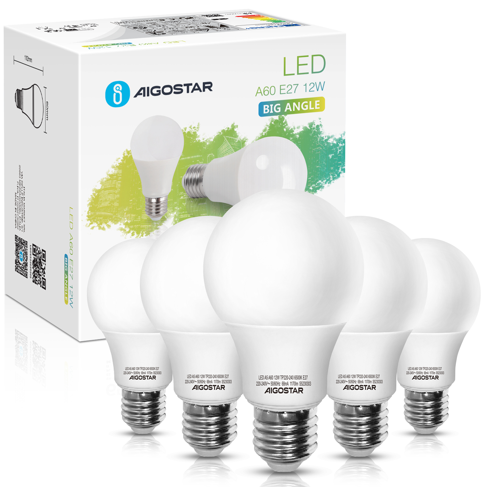 Aigostar - 12W/15W Bombilla LED A60, casquillo gordo E27, Blanco Frio 6500K/Luz Cálida 3000K, ángulo de apertura 280º, No regulable, 5 Unidades