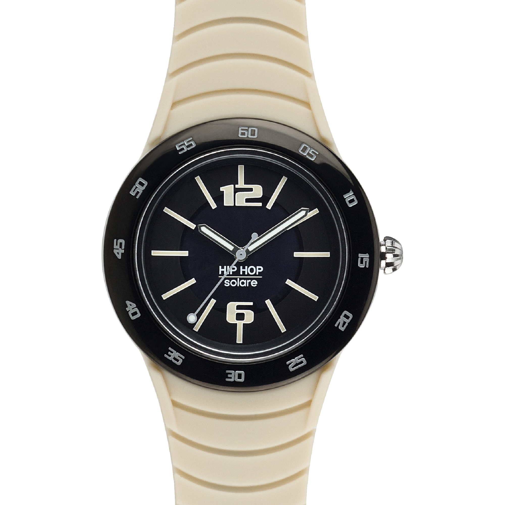 HIP HOP HOMBRE DIAL SOLAR METAL Esfera Negra SOLO TIME Movement-3 LANCHE CUARZO Y BEIGE SILICONA Y CORREA DE METAL HWU0772