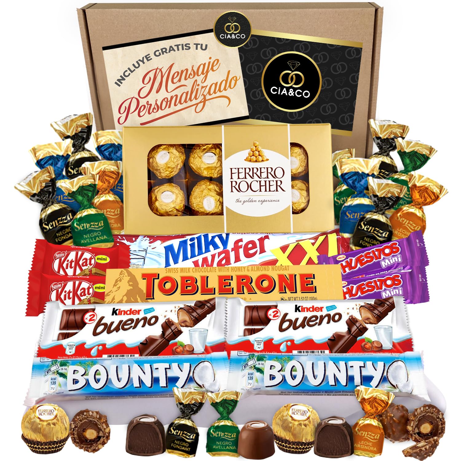 Cesta de Regalo con +30 Bombones y Chocolates Premium Cia&Co. Un surtido de lujo con Ferrero Rocher, Toblerone y Kinder Bueno, ideal para regalar en el Día de la Madre con tarjeta personalizada.