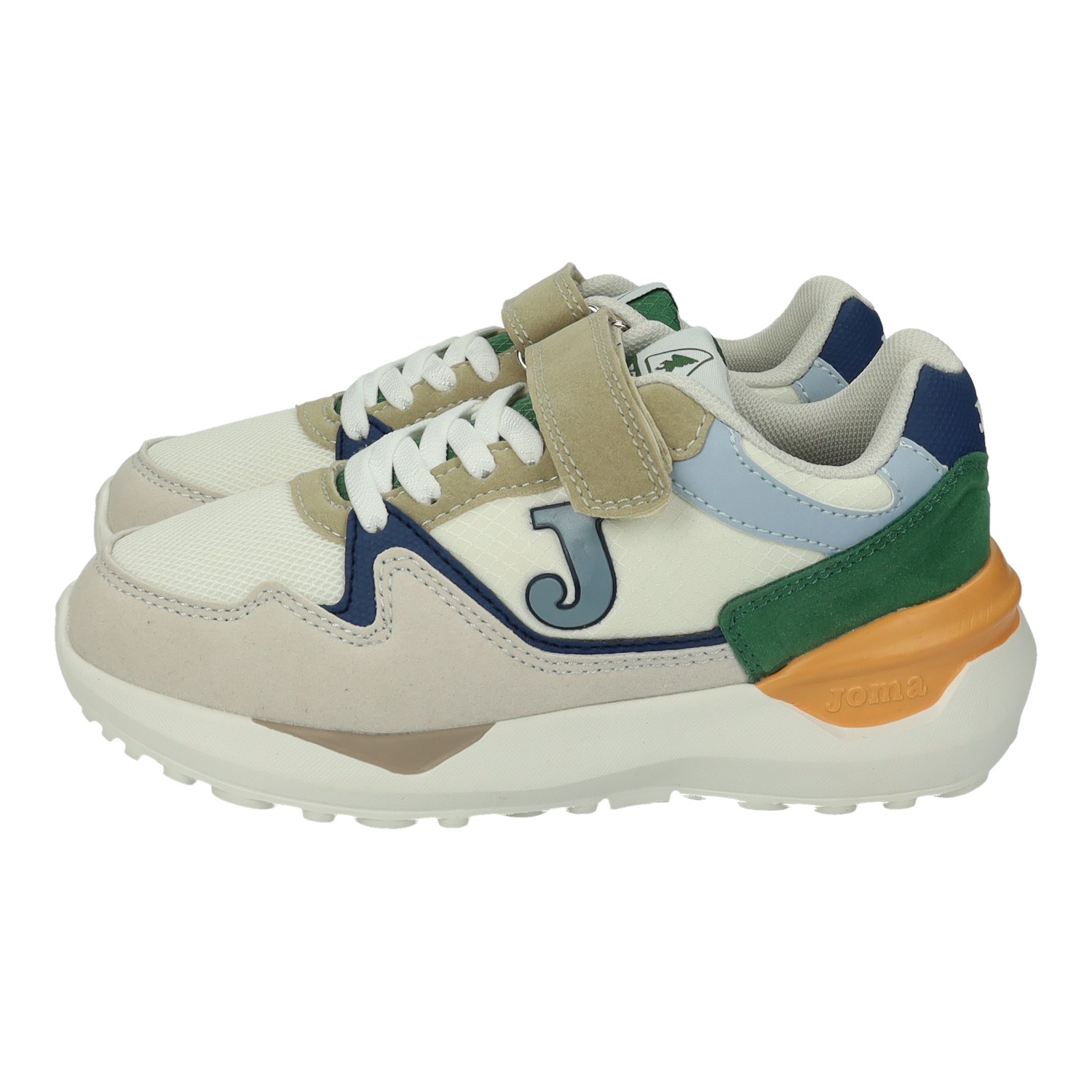 Deportivos marca JOMA para niño en color beige. Zapatillas deportivas para niño Joma con cierre adhesivo y cordones elásticos, diseño multicolor