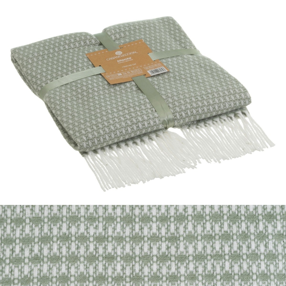 Manta de viaje en color verde 100% poliéster con flecos de 130x160 cm Tejido suave de 200 gr/m², ligera y muy decorativa. Perfecta para el sofá o la cama. CasaSelección