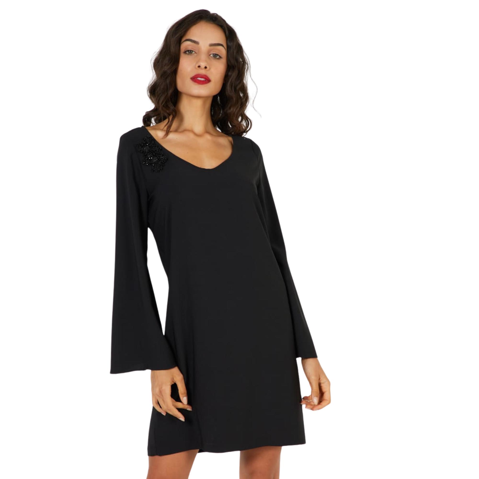 Vestido Marca ANANY elegante para mujer con cuello de pico y mangas acampanadas, confeccionado en 100 % poliéster, ideal para bodas, comuniones y fiestas especiales- REF: AN-190176