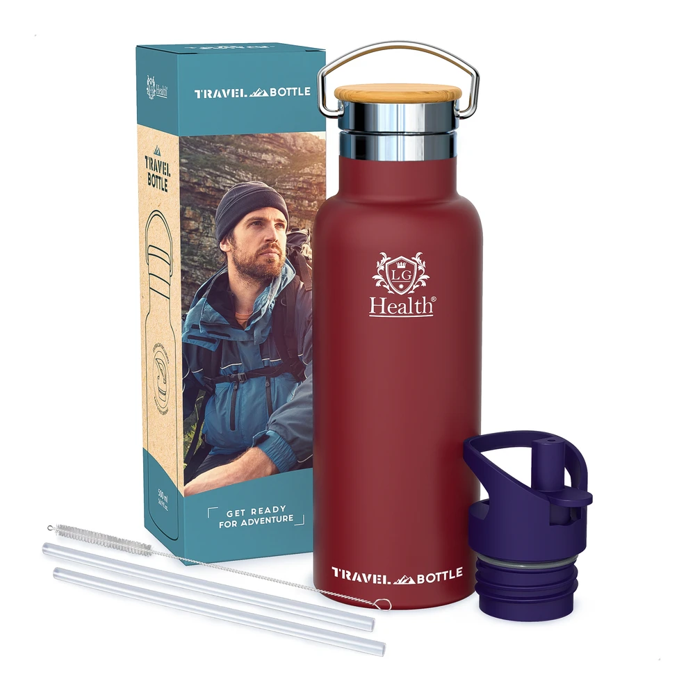 LG Luxury & Grace Botella de Agua Acero Inoxidable 500 ml. Cantimplora de Metal con Funda de Neopreno. Botella Térmica para Bebidas Frías y Calientes con Tapón Intercambiable. Doble Pared & Sin BPA.