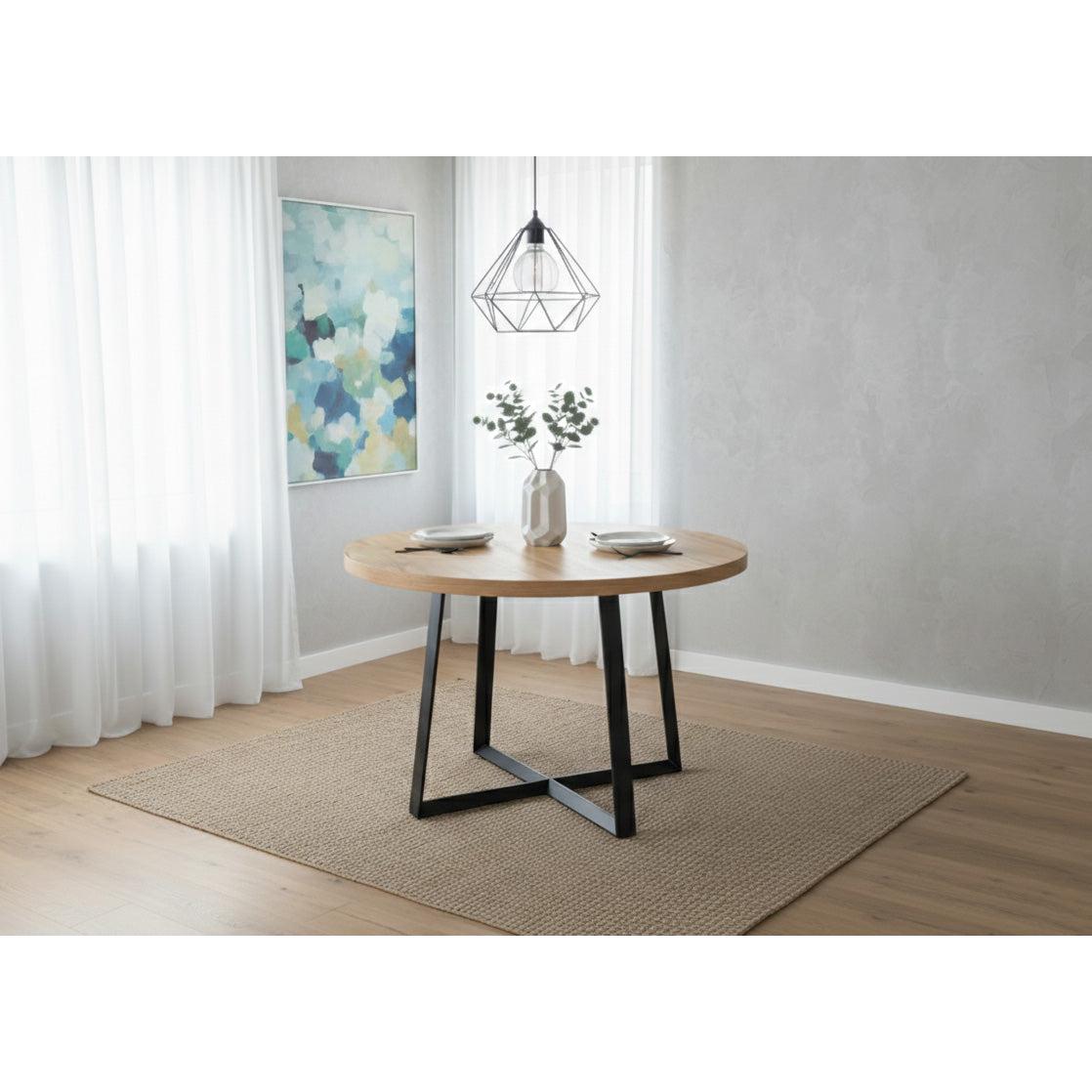 Mesa de Comedor Redonda Extensible, 160cm, Roble y Negro