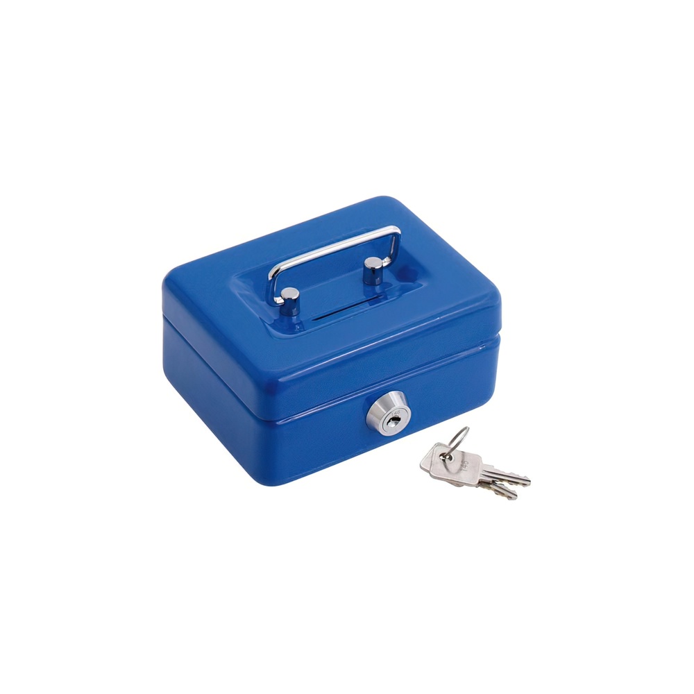 WOLFPACK Caja de Caudales con Ranura Hucha y Bandeja Organizadora | Caja de Seguridad Portátil de Acero Azul para Monedas, Billetes y Joyas | Cerradura de Cilindro con 2 Llaves y Asa de Transporte Superior