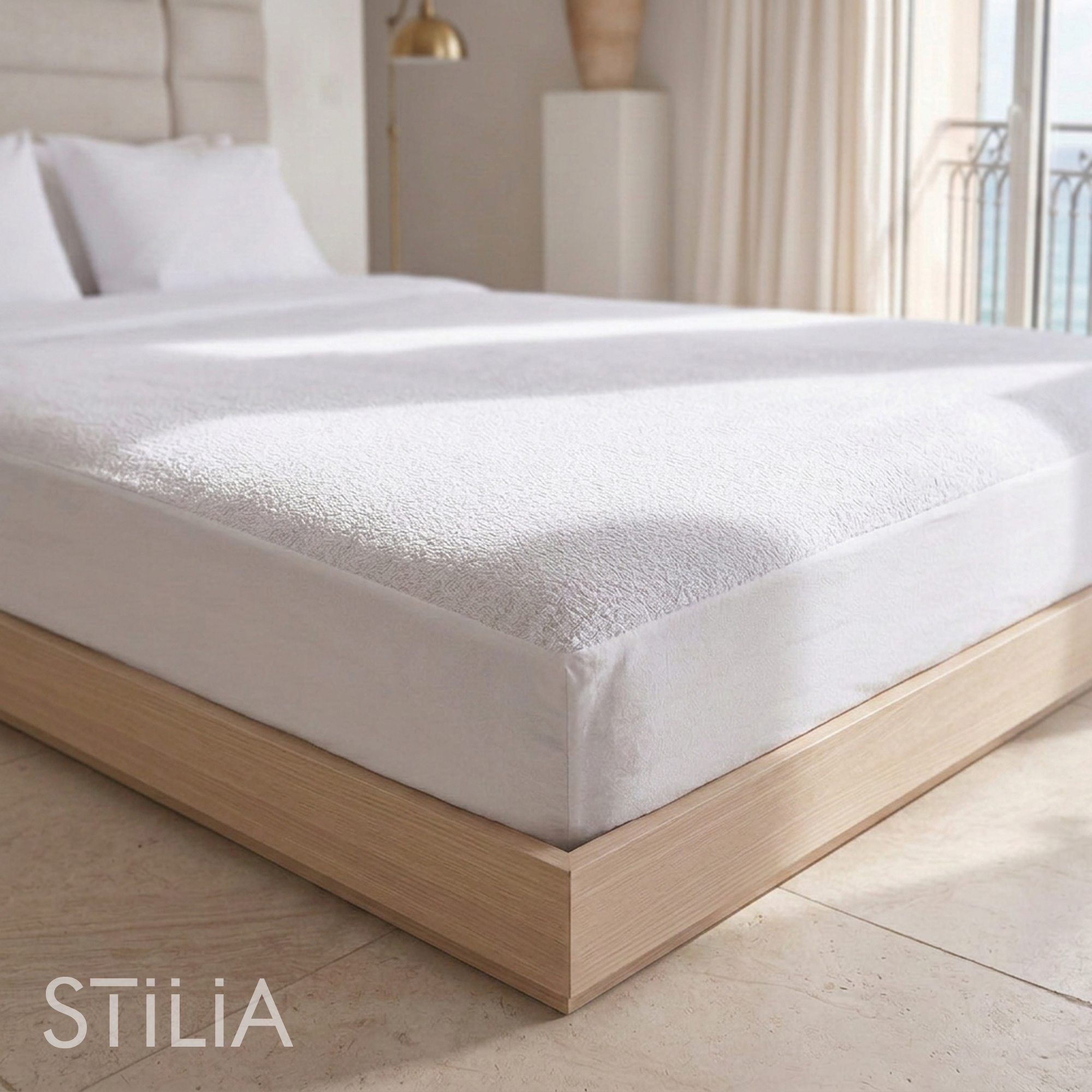 Protector de colchón impermeable ajustable blanco de rizo transpirable y silencioso - STILIA GOLDEN