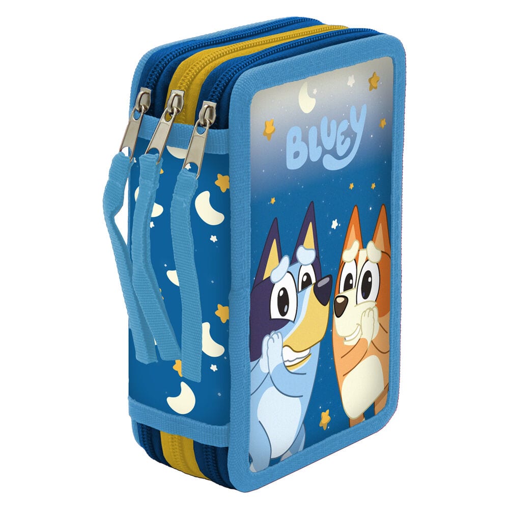 Plumier Bluey Triple Infantil, 3 Compartimentos con Cremallera, Set de Material Escolar Completo con Lapices y Rotuladores, Regla, Goma y Sacapuntas, Azul y Amarillo