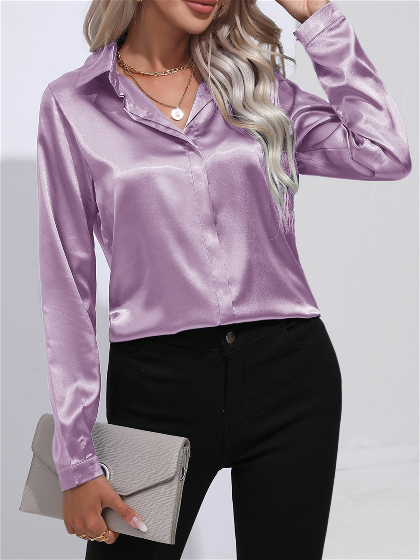 TK Blusa De Satén Elegante Para Mujer Con Cuello Enrollado Y Botón Sólido De Manga Larga Para Oficina Ropa Trabaja De Diario