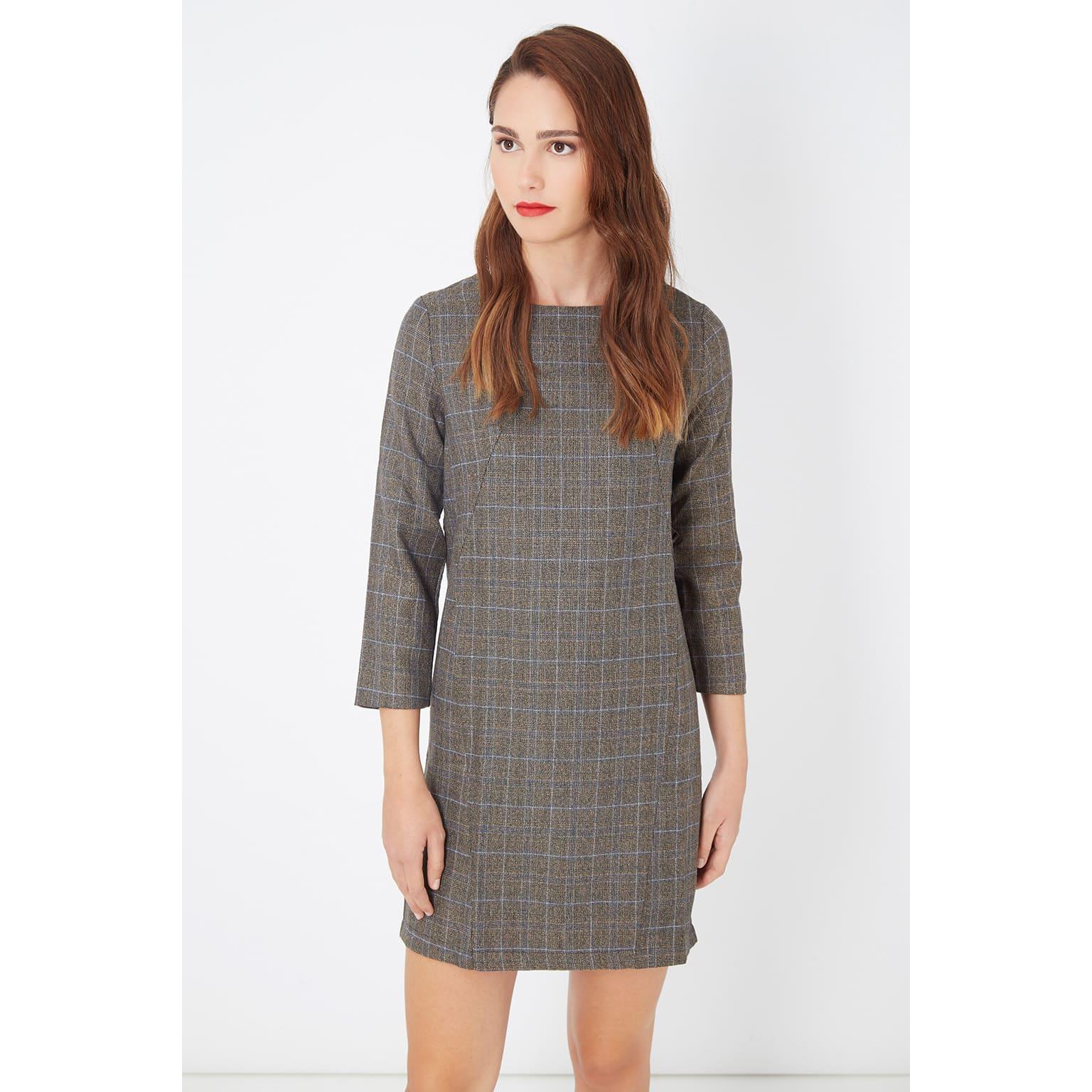 Vestido recto mujer, dress estampado Príncipe de Gales, manga tres cuartos, cuello redondo, cierre cremallera, forro interior, cómodo, estilo elegante/casual, gris, talla L ✅Entrega 24/48h