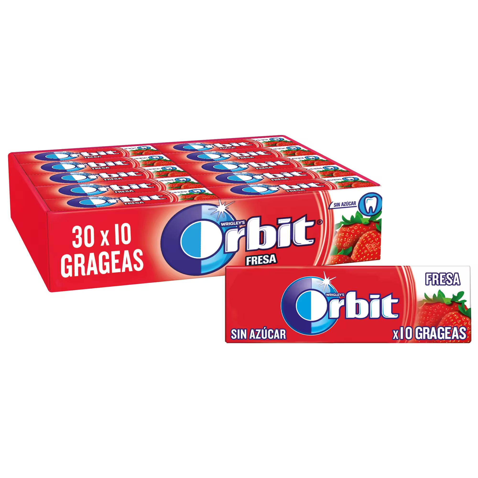 Orbit Chicles Sabor Fresa,Sin Azúcar ,Afrutado, Intenso y de Larga Duración en formato Gragea (30 x 10 chicles)
