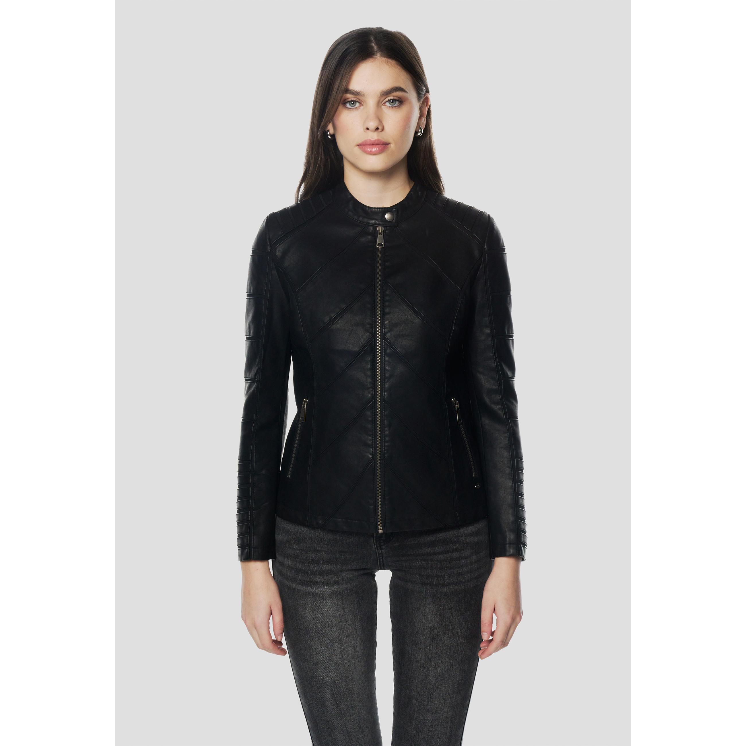 Koroshi - Cazadora biker mujer efecto piel con cuello mao y tirantes, corte favorecedor, 100 % poliéster, ideal para street style y noche