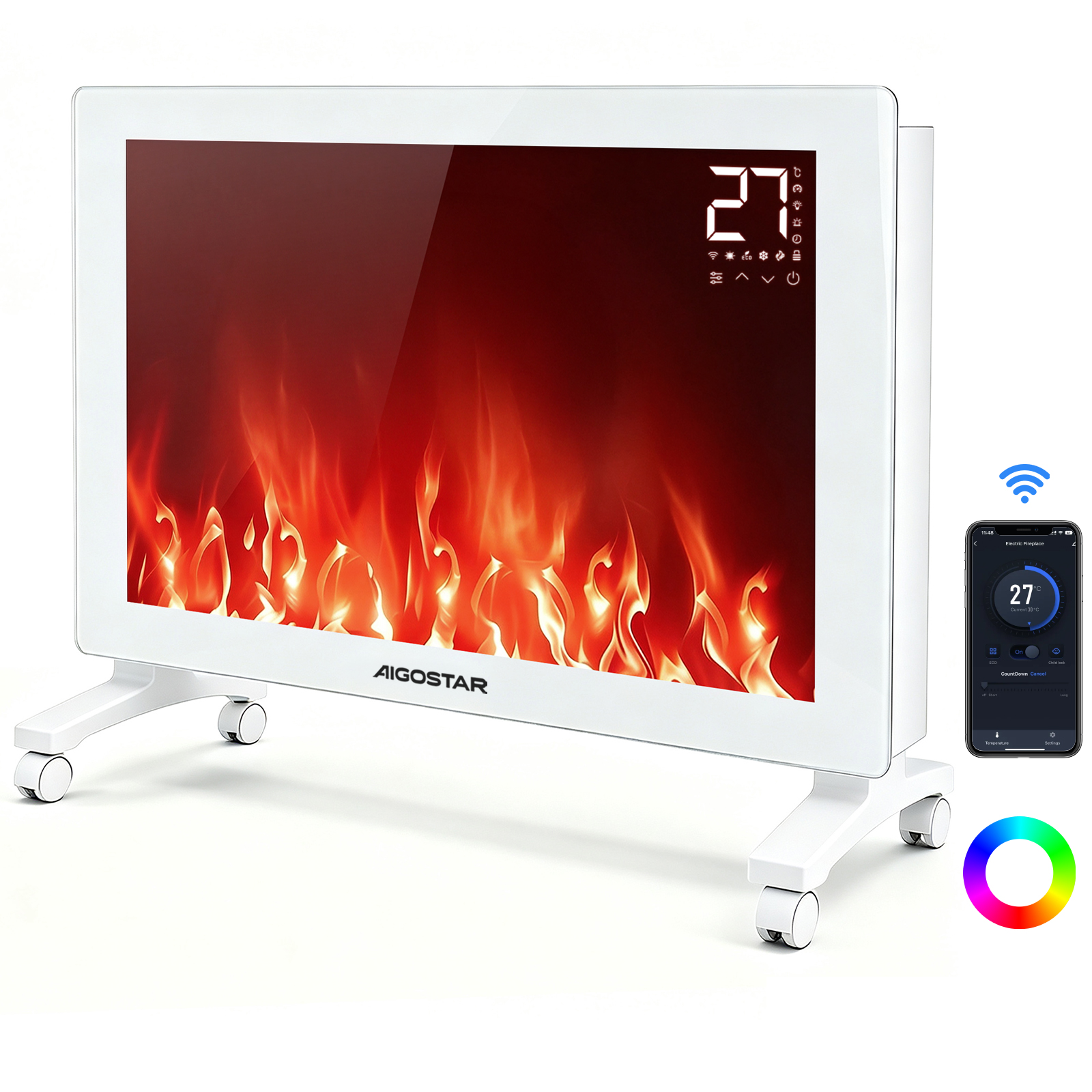 Aigostar Radiador Eléctrico Bajo Consumo 2000 W con Efecto Llama 3D, Silencioso, Wi‑Fi, Pantalla Táctil LED con 7 Colores y 5 Niveles de Brillo, Temporizador, 3 Modos + ECO, Instalación de Pared o Suelo