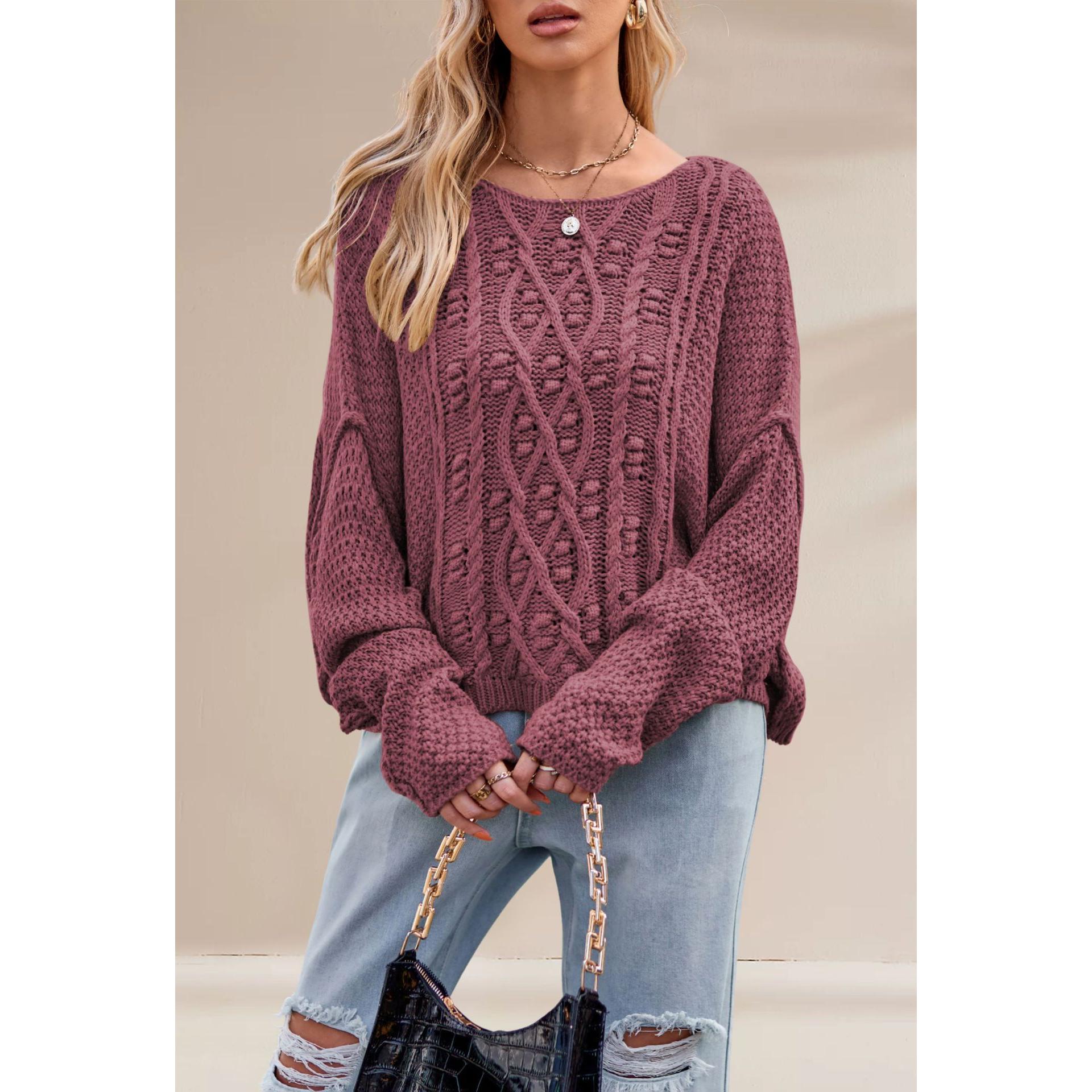 TK Suéter de punto suelto de color liso con cuello redondo y trenzado para mujer para otoño e invierno