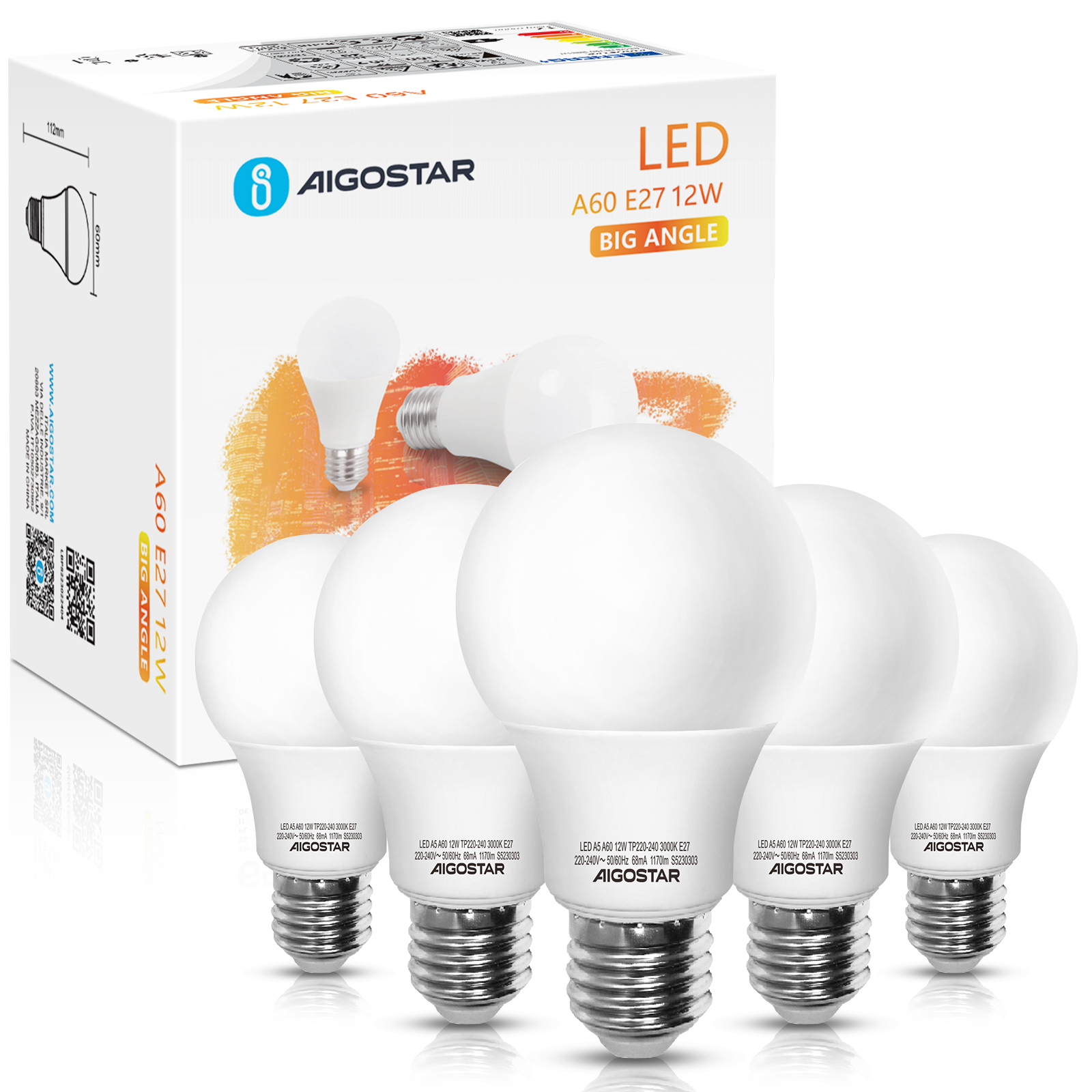 Aigostar - 12W/15W Bombilla LED A60, casquillo gordo E27, Blanco Frio 6500K/Luz Cálida 3000K, ángulo de apertura 280º, No regulable, 5 Unidades