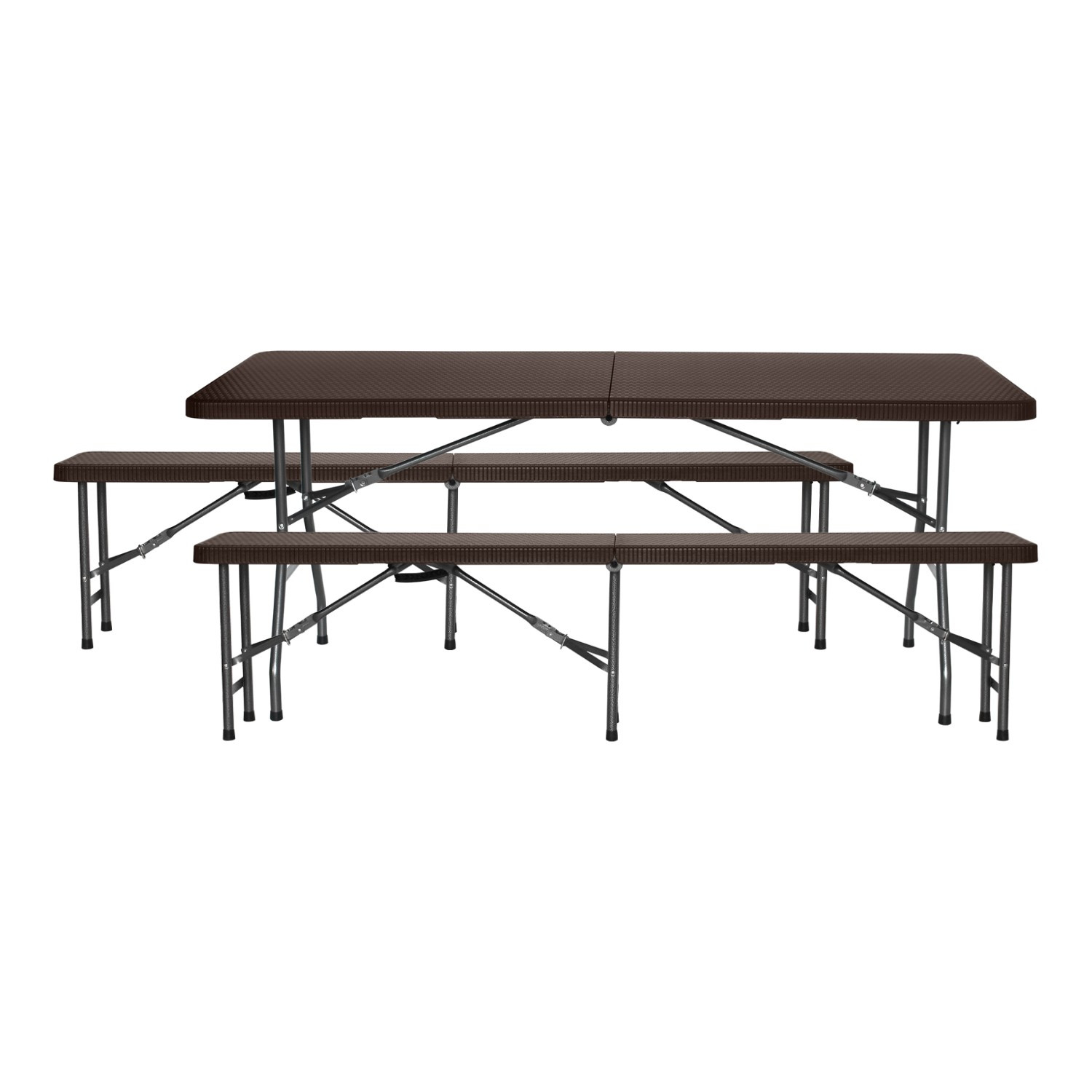 Conjunto Plegable Mesa con 2 Bancos de 180cm Catering Marrón Efecto Ratán 7house