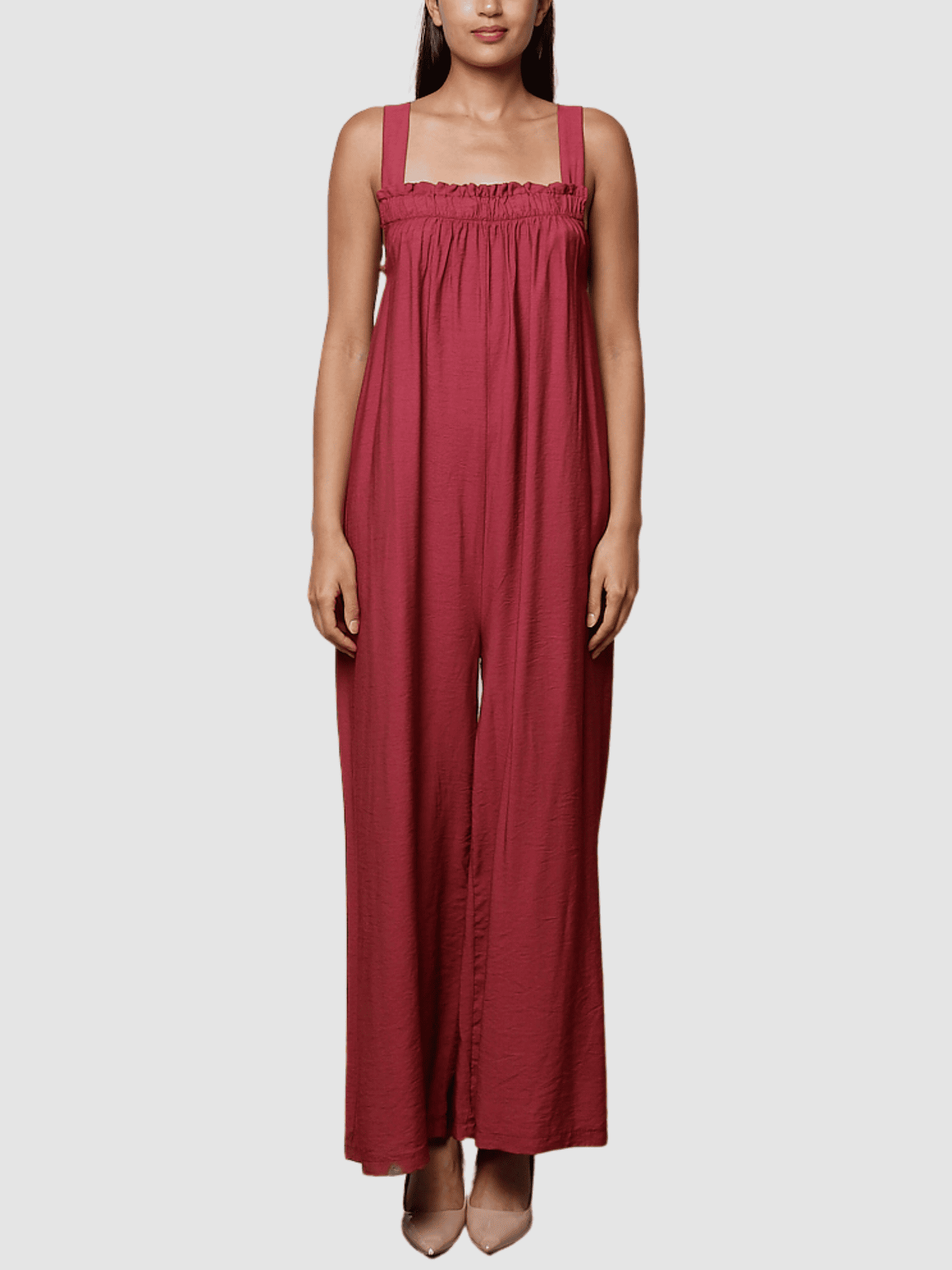 Mono largo mujer palazzo jumpsuit outfit escote recto fruncido tirantes anchos color rosa talla única corte amplio cómodo casual elegante look versátil algodón ligero verano ✅Entrega 24/48h