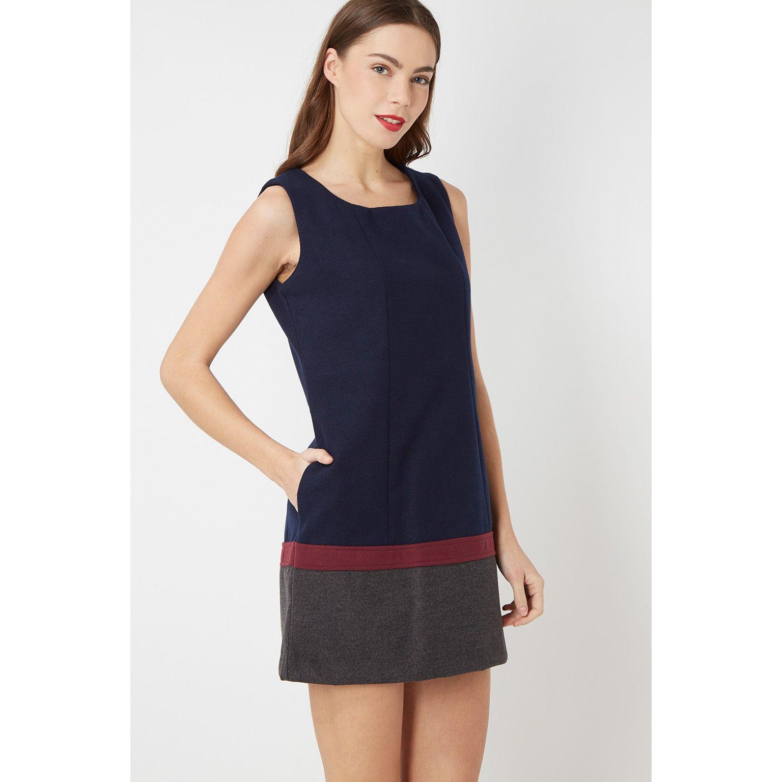 Vestido mini mujer, dress corto sin mangas, Anany AN-050017, cuello redondo, detalle contraste, bolsillos cremallera, forro interior, elegante, cómodo, talla 40, color azul/gris/burdeos ✅Entrega 24/48h
