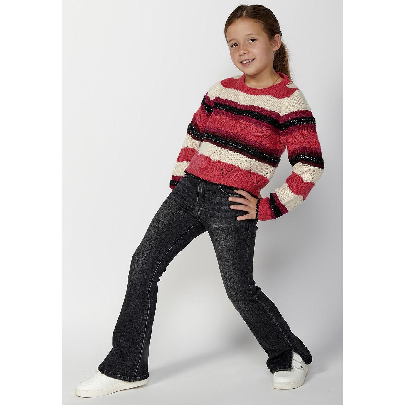 Koroshi - Jersey de niña en punto tricot con rayas fucsia, crudo y negro, punto calado texturizado, cuello redondo y manga larga para entretiempo e invierno