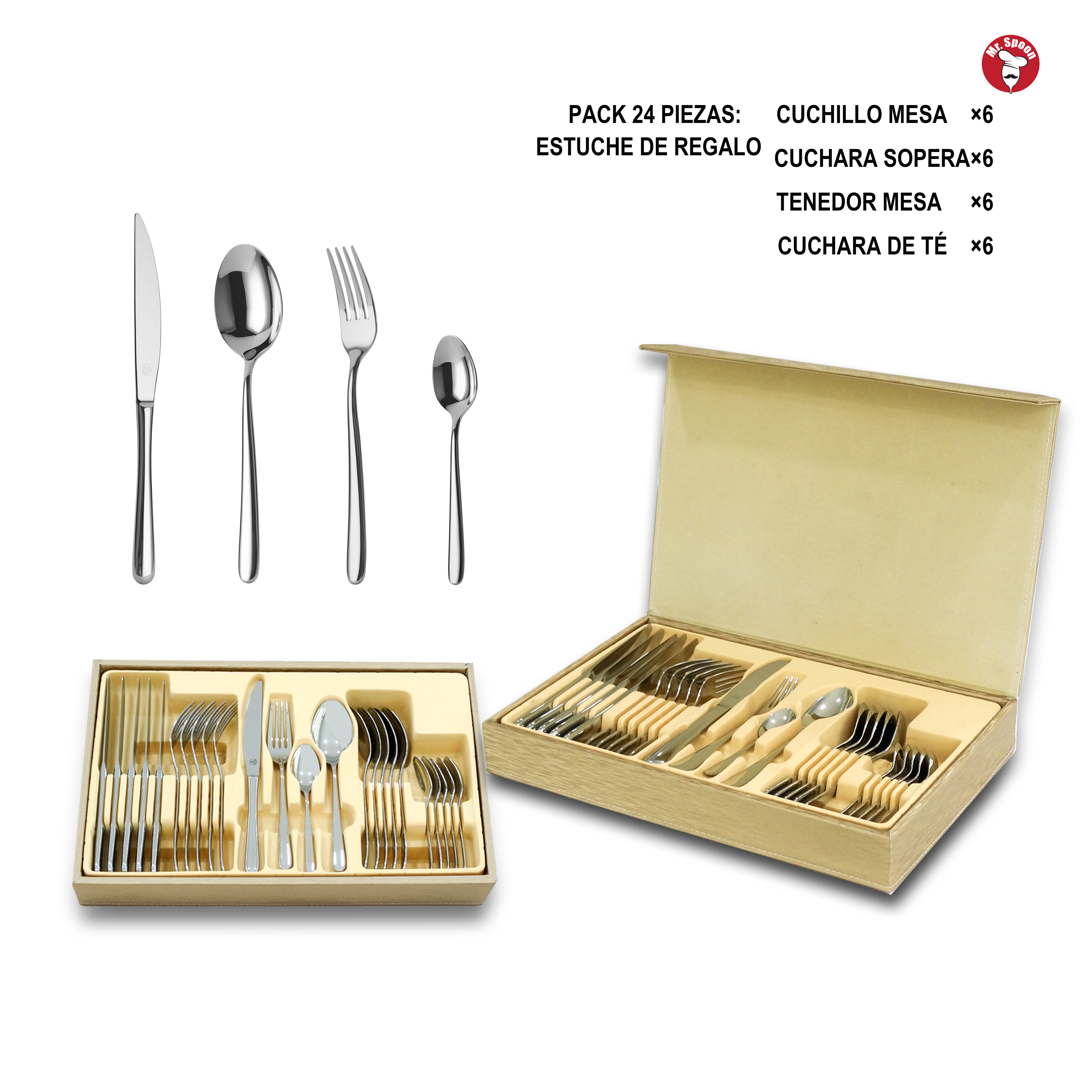 Mr.Spoon Serie Estrella Juego de 24 a 48 piezas cubiertos, Acero inox18/10, Alta calidad y acabado. Incluye cuchillo carne o mesa, tenedor, cuchara y cucharilla. Diseño moderno y elegante, Apto para lavavajillas. Con estuche regalo o caja ecológica.