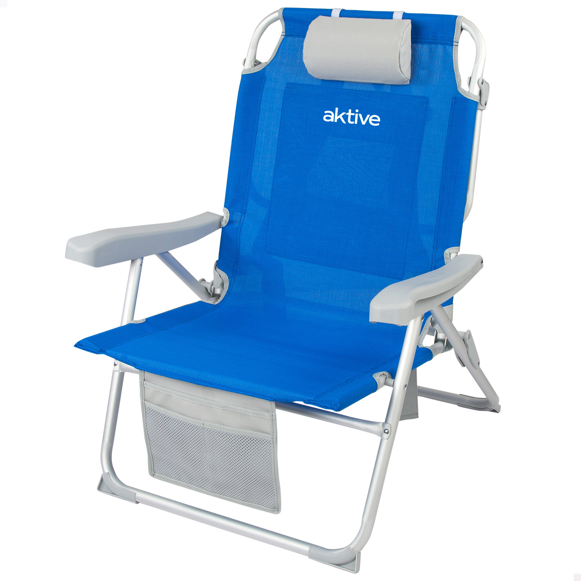 Aktive - Silla de playa plegable XXL con respaldo reclinable 5 posiciones, 55x66x86 cm, de aluminio y textileno, con mochila, bolsa, cojín, bolsillo frontal y topes antivuelco, máx. 110 kg, sillas de playa, sillas plegables, accesorios verano