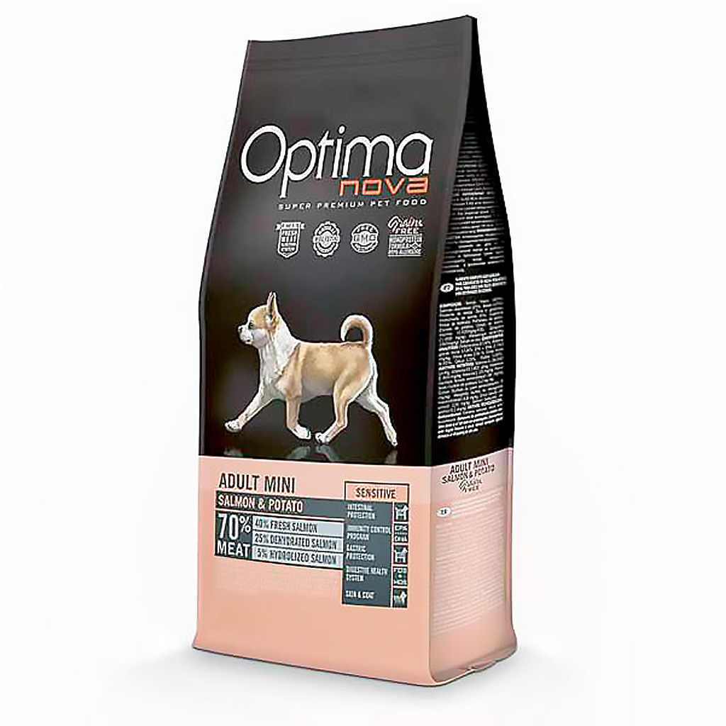 Optima Nova – Pienso para perros adultos mini Optima Nova Grain Free salmón y patata. 2 Kg