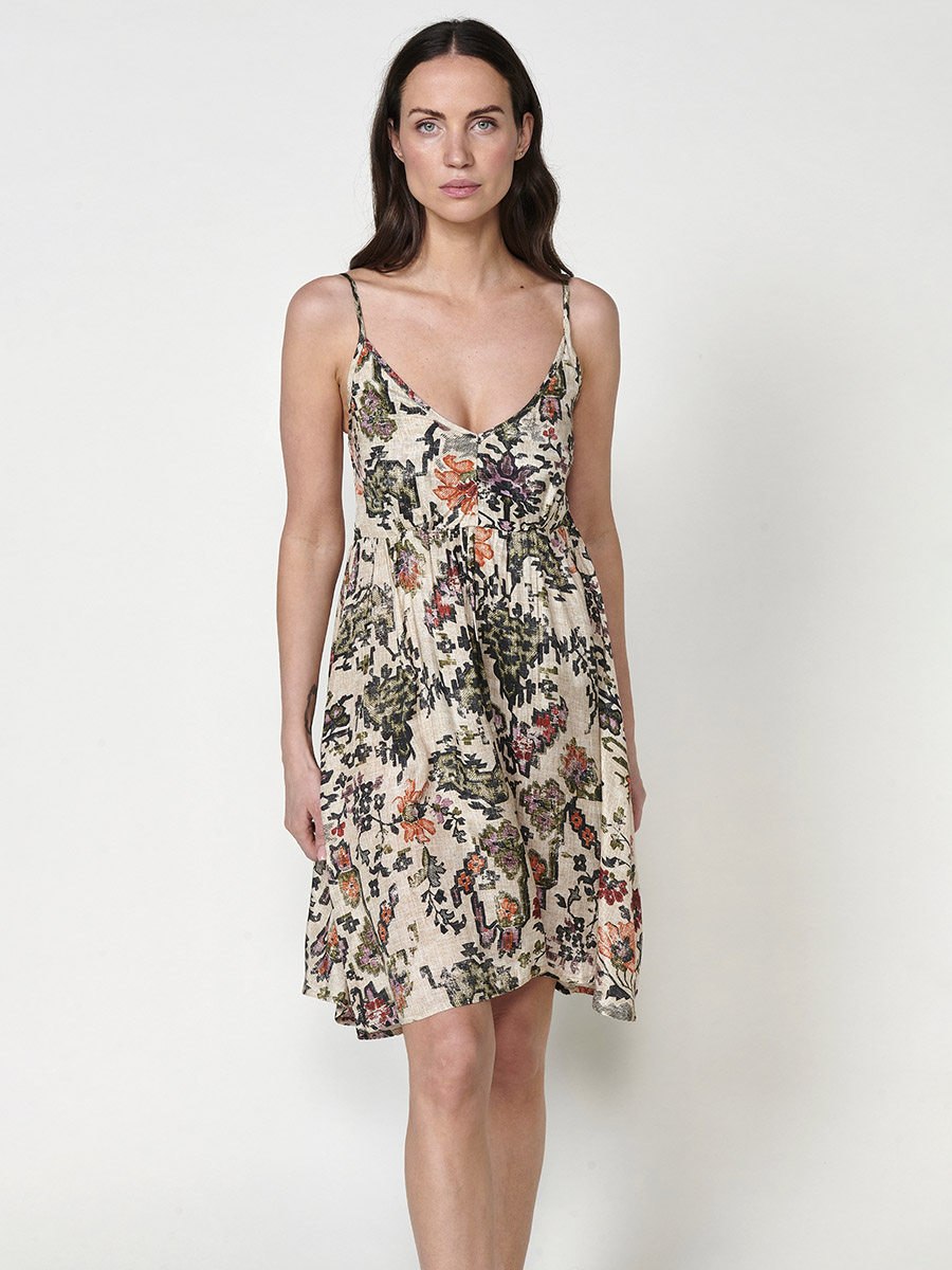Koroshi - Vestido corto floral multicolor para mujer de 100% algodón con tirantes regulables y espalda fruncida, fresco y femenino para verano