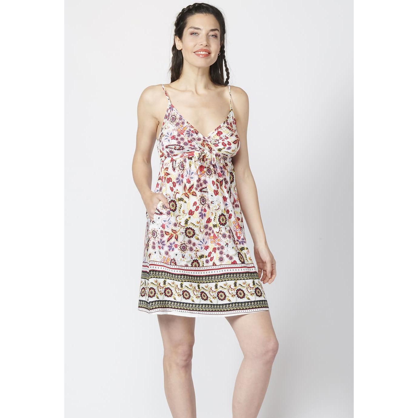 Koroshi - Vestido de tirantes 2212VS86 con cuello en pico y estampado multicolor para mujer, tejido fluido de viscosa ideal para verano