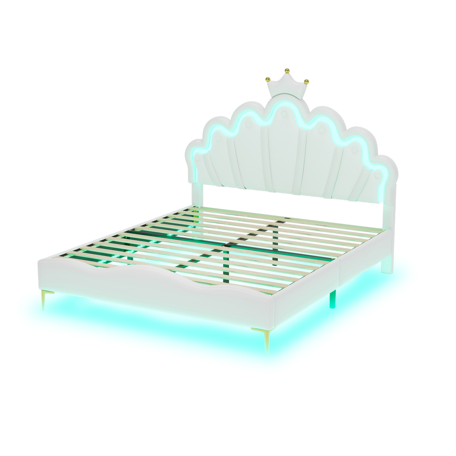 Superaly Upholstered Kids' Bed, PU Leather Bed Frame with Remote RGB LED Lighting, Crown Headboard, Load Capacity 150/200kg, 90x200, 140x200 cm for Children's Bedroom