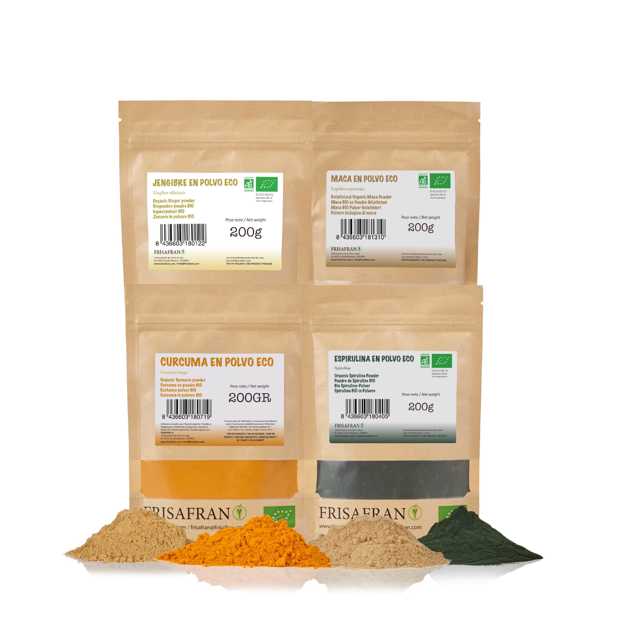 Pack Defensas Ecológico: Jengibre, Espirulina, Maca Gelatinizada y Cúrcuma 100% Natural - FRISAFRAN