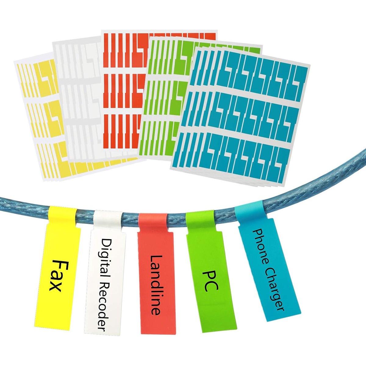 750 unidades - Etiquetas autoadhesivas para cables - Marcador de etiquetas para cables resistente al agua y al desgarro - Pegatinas para identificación de cables - 5 colores diferentes