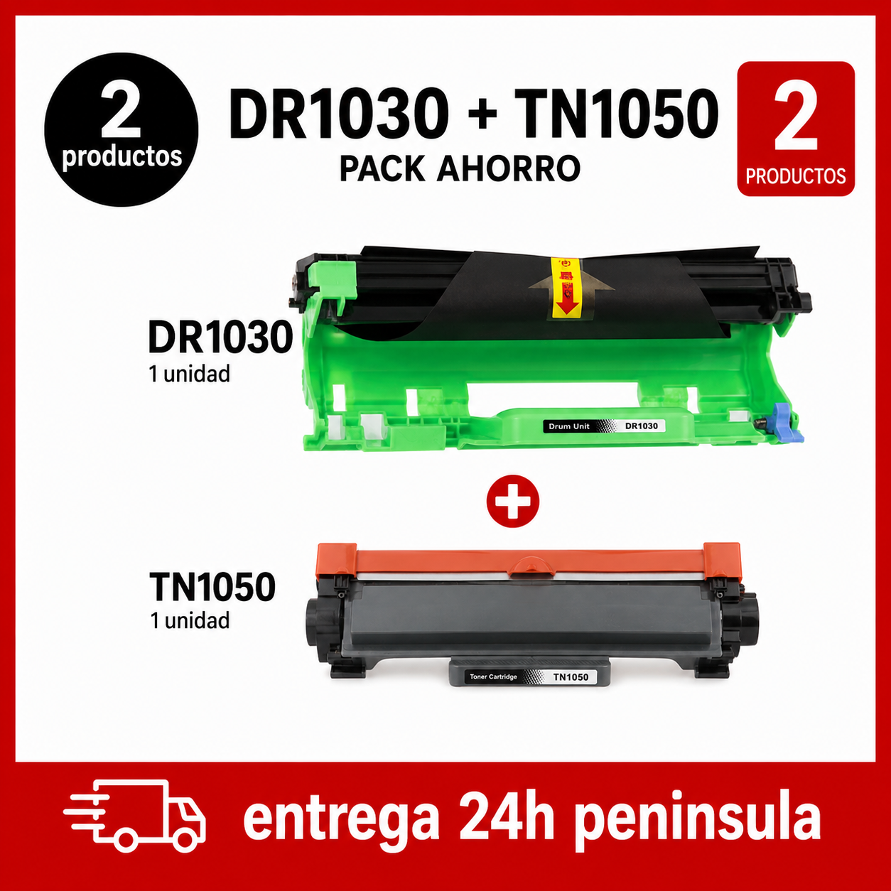 Pack Ahorro Tambor DR-1030 + Tóner TN-1050 Compatible Brother Negro – Tambor 10000 pág + Tóner 1000 pág – HL-1110 HL-1112 DCP-1510 DCP-1610 MFC-1810