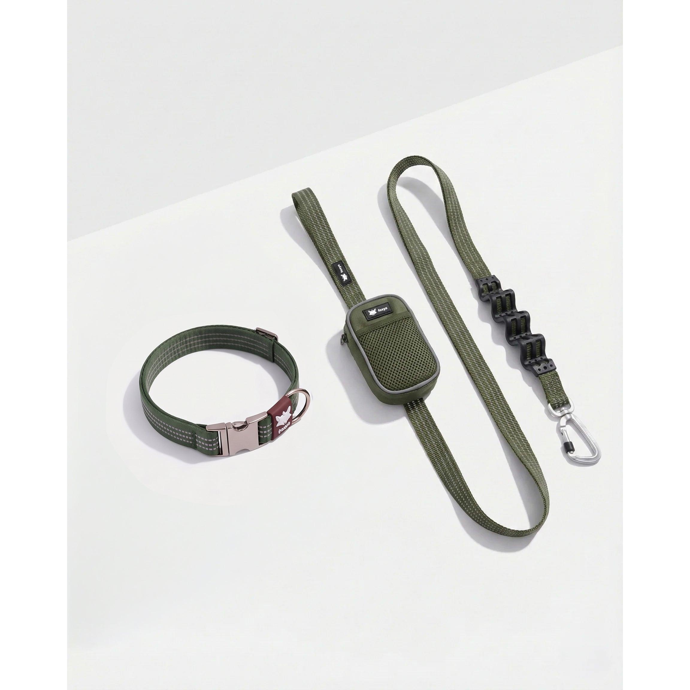 Foxys - Kit de Paseo con Collar para Perro Verde Matcha: Collar Acolchado con Hebilla de Aluminio, Correa Antitirones Reflectante y Bolsa FoxyPouch