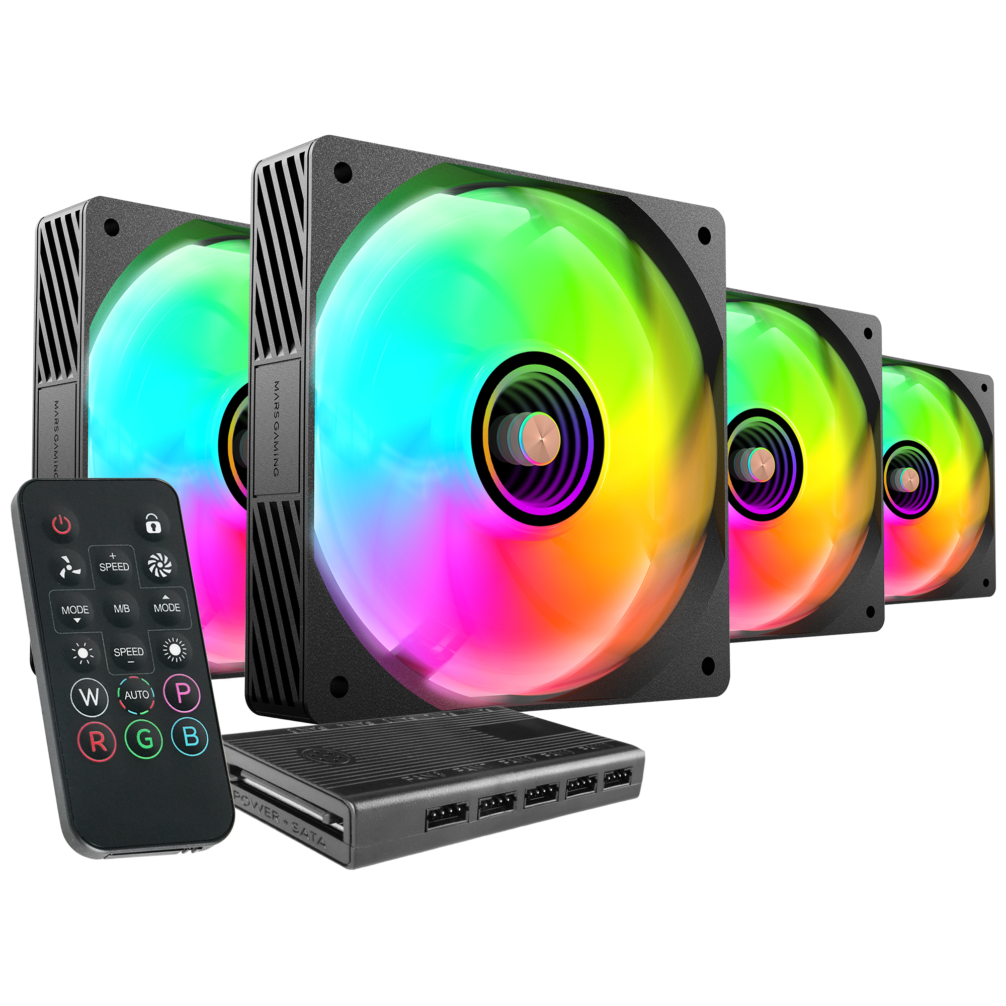 Mars Gaming MF-SI4KIT, Kit 4x Ventiladores Ultrasilenciosos 120mm, Iluminación ARGB Infinity Mirror, Rodamientos FDB y Núcleo de Cobre, Mando a Distancia y HUB, Compatibilidad Total ARGB,  Ventiladores Negros o Blancos